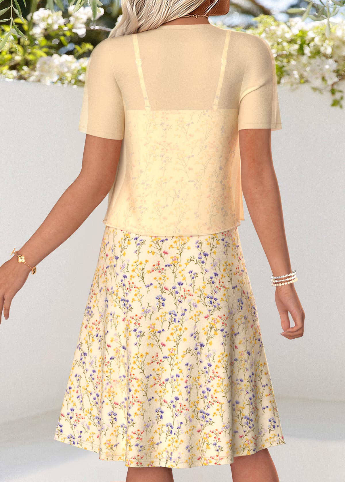 Light Yellow Ditsy Floral Print Two-piece Dress and Cardigan | picture 