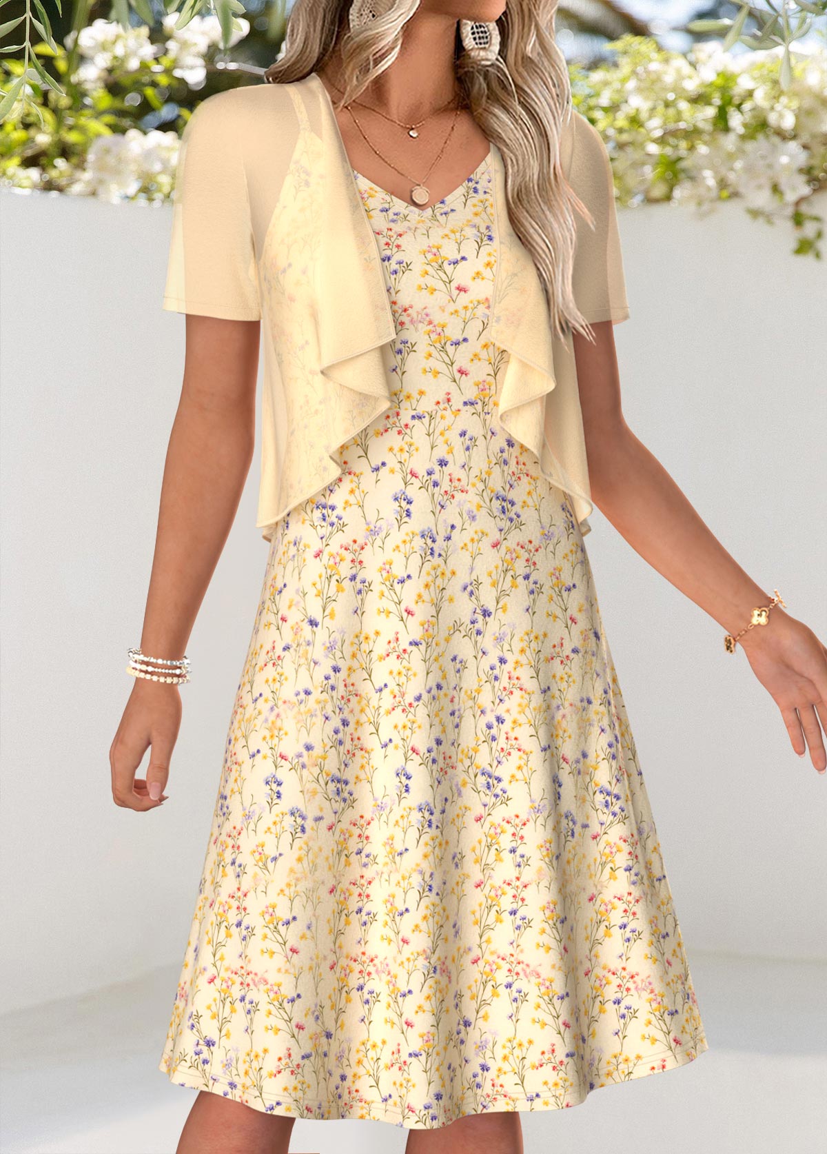 Light Yellow Ditsy Floral Print Two-piece Dress and Cardigan | picture 