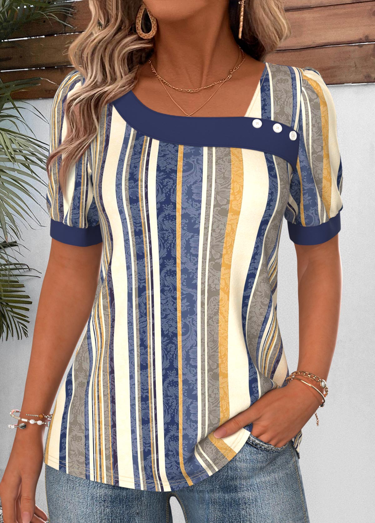 Multi Color Striped Curved Hem Short Sleeve T Shirt | picture 