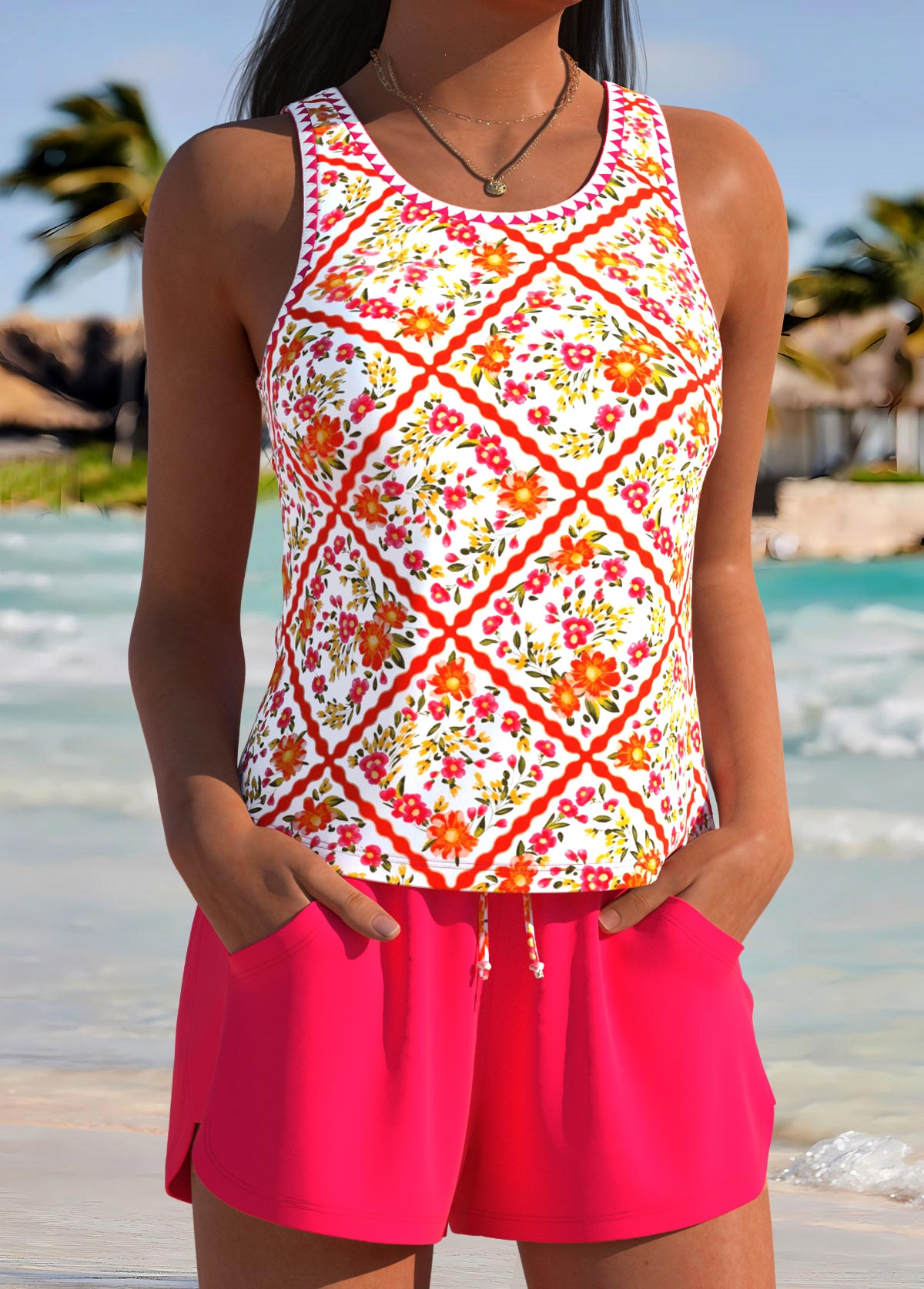 Hot Pink Mid Waisted Pocket Floral Print Tankini Set | picture 
