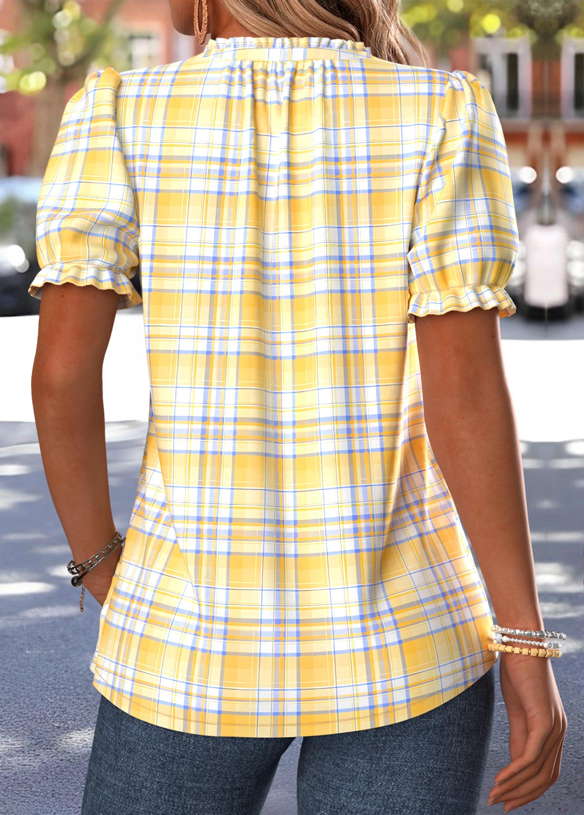 Yellow Plaid Frill Short Sleeve V Neck T Shirt | picture 