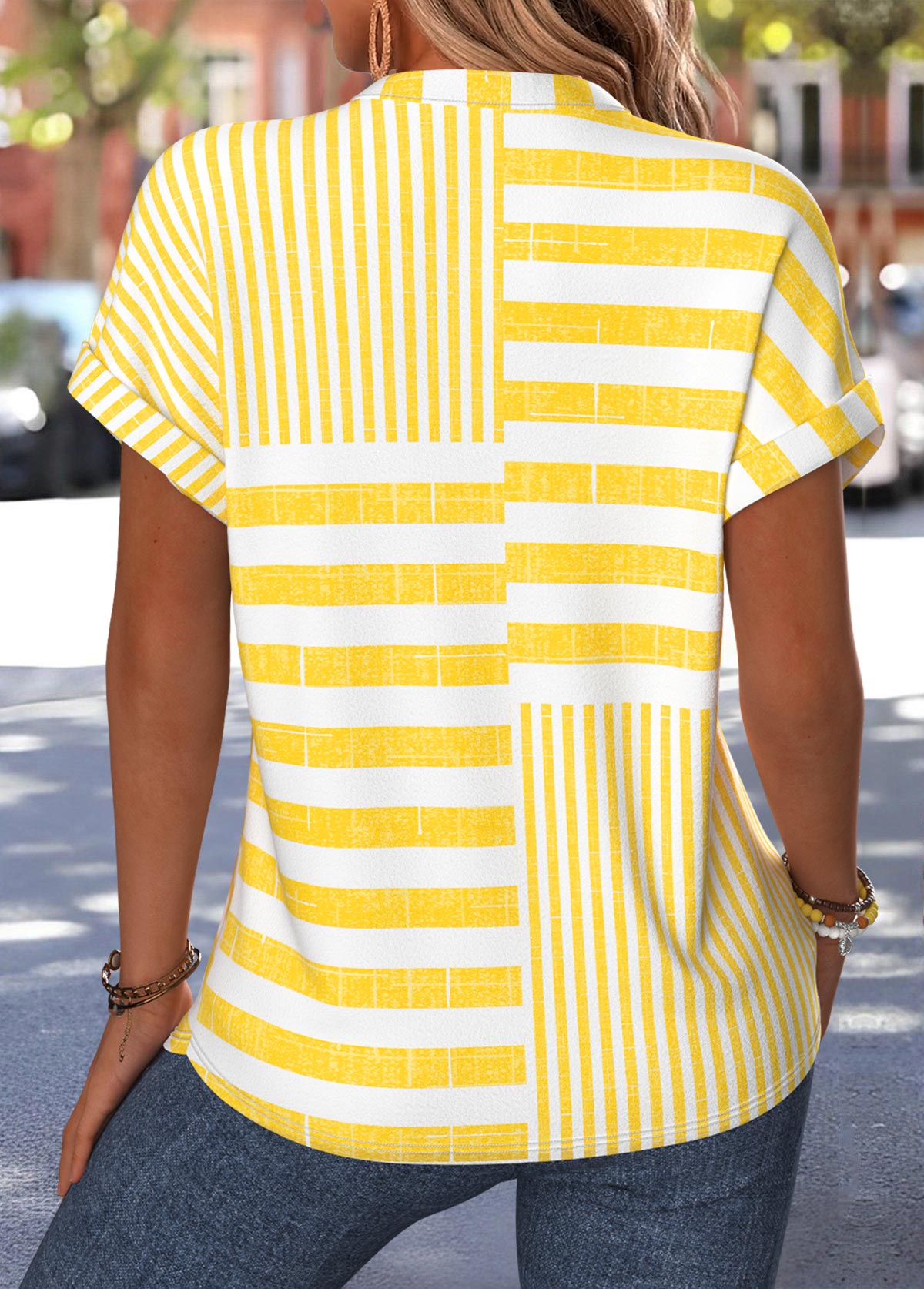 Yellow Striped Patchwork Short Sleeve V Neck Blouse | picture 