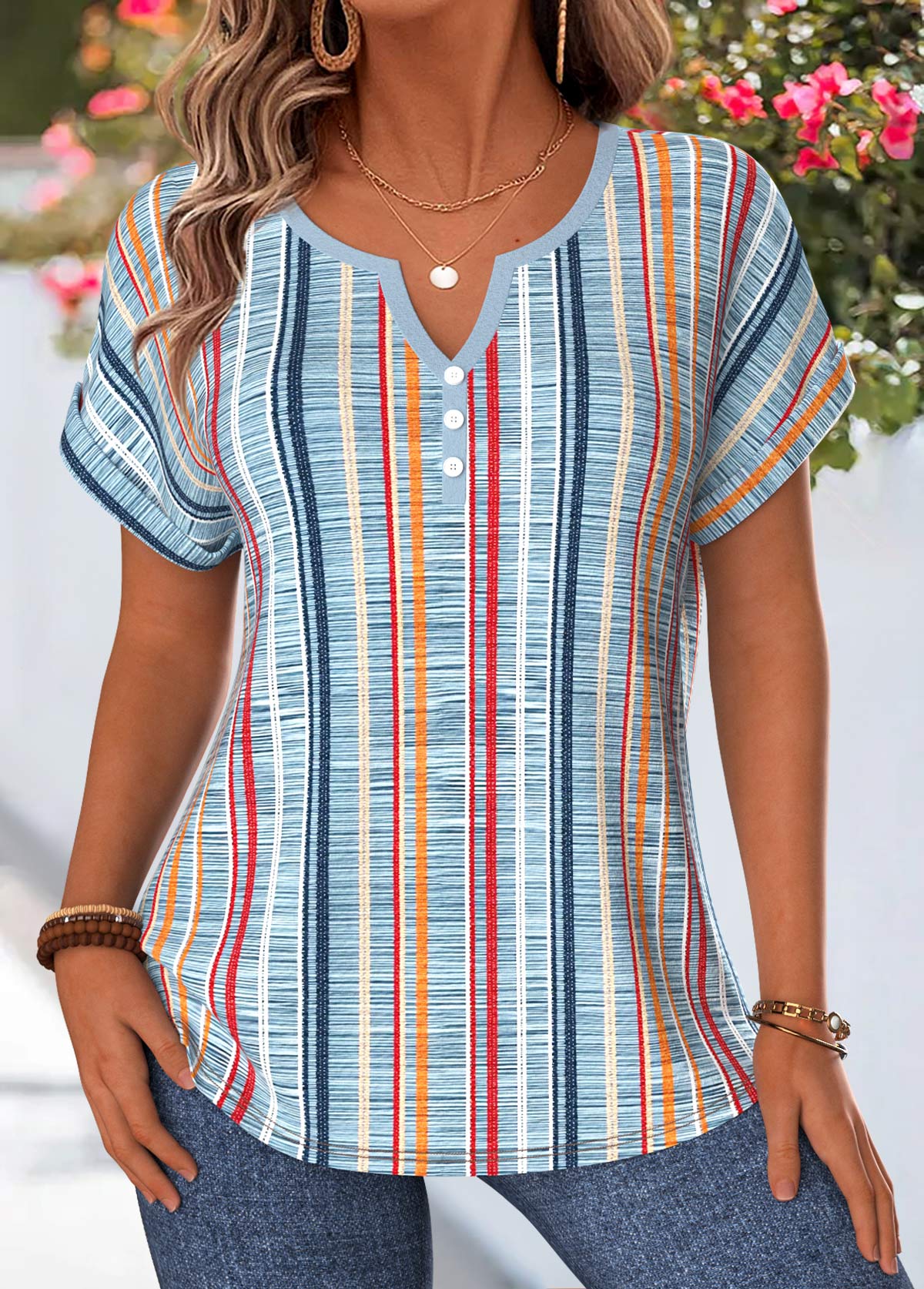 Dusty Blue Multi Stripe Print Tummy Coverage Blouse | picture 