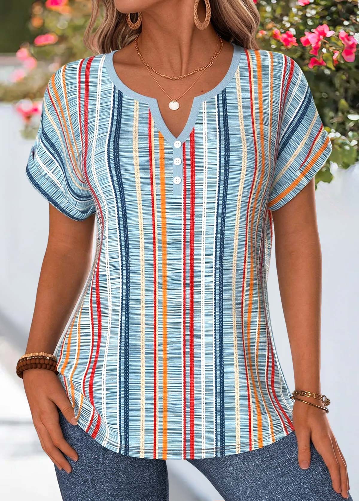 Dusty Blue Multi Stripe Print Tummy Coverage Blouse | picture 