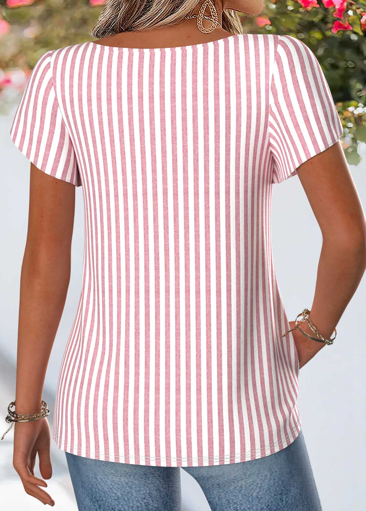 Pink Striped Curved Hem Short Sleeve Blouse | picture 