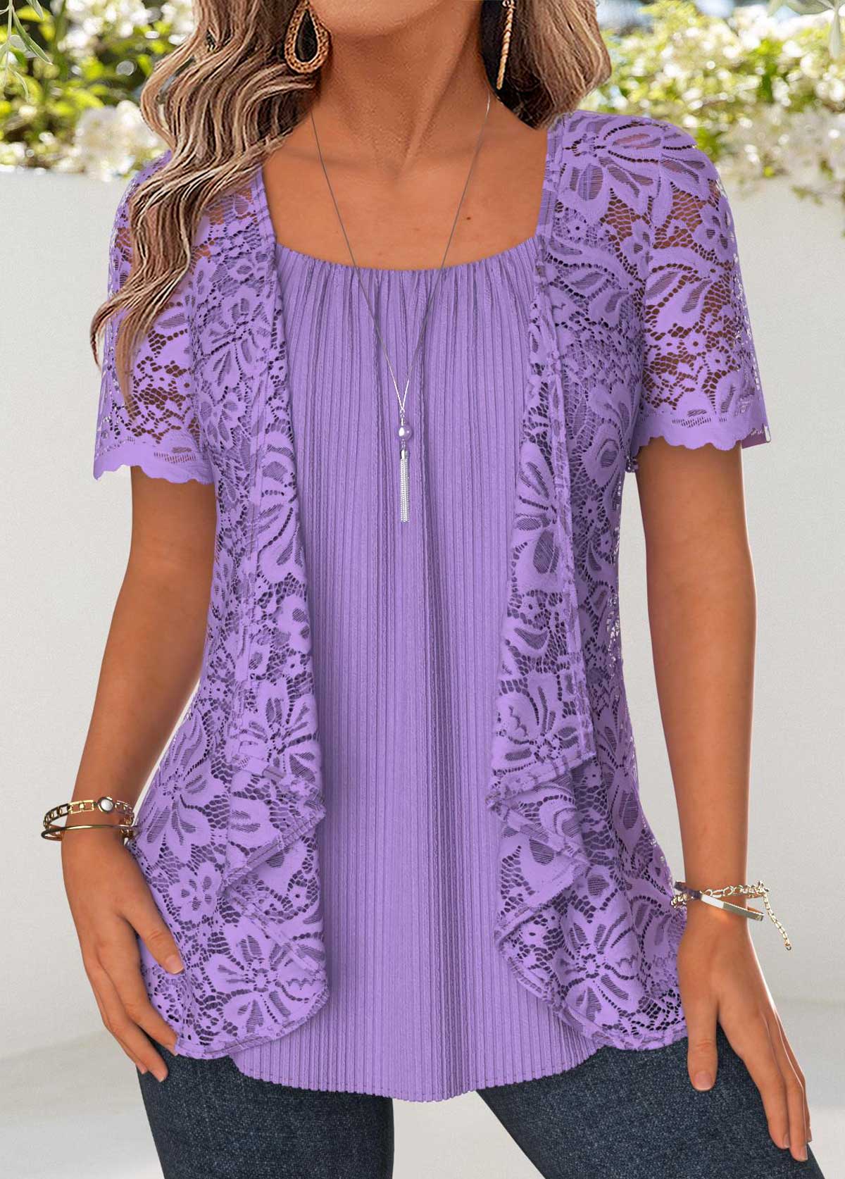 Purple Two-piece Short Sleeve Cardigan and Tank Top | picture 