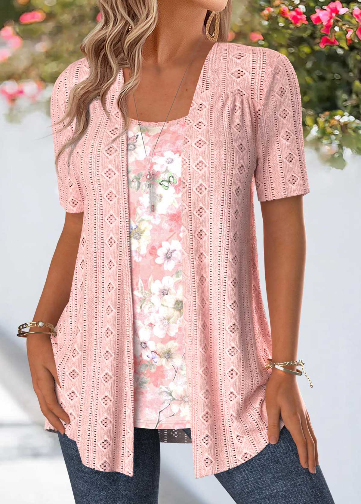 Pink Floral Print Fake Two Piece Twinset | picture 