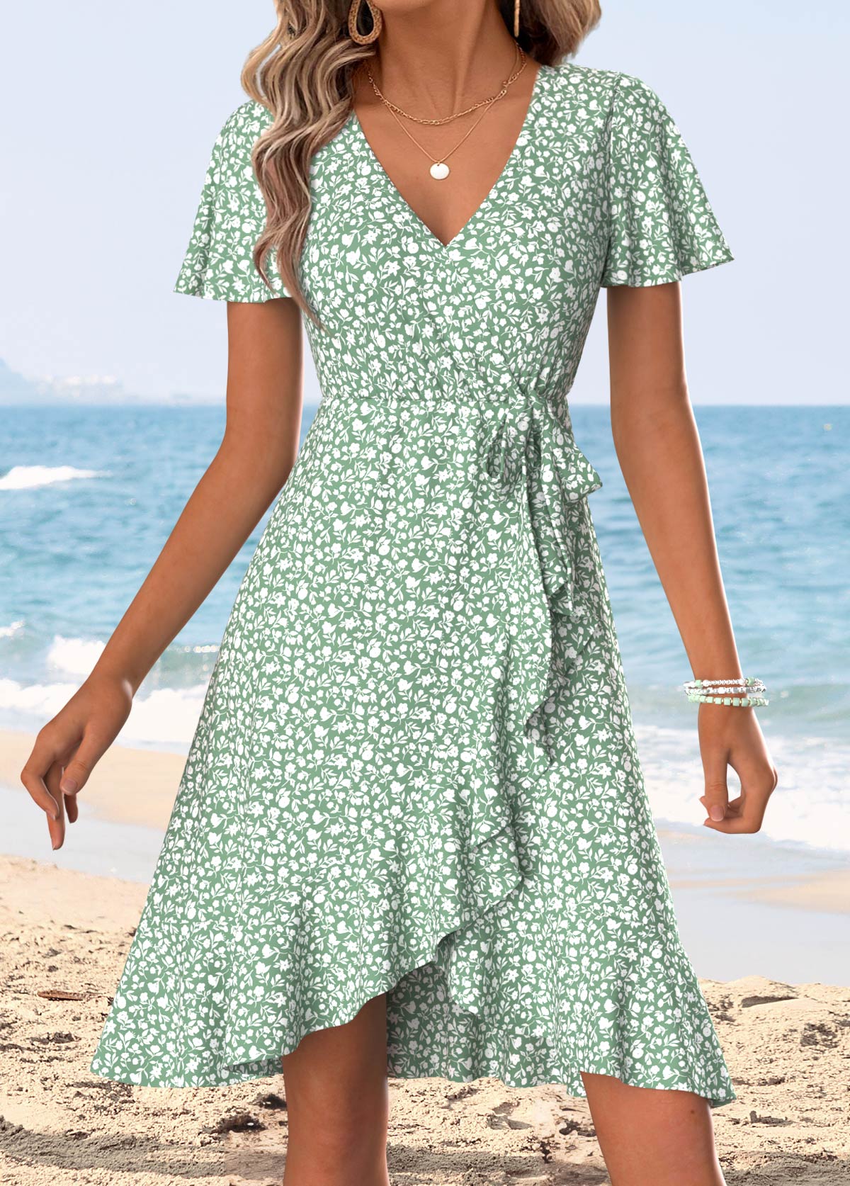 Sage Green Ditsy Floral Print Short Shirred Dress | picture 