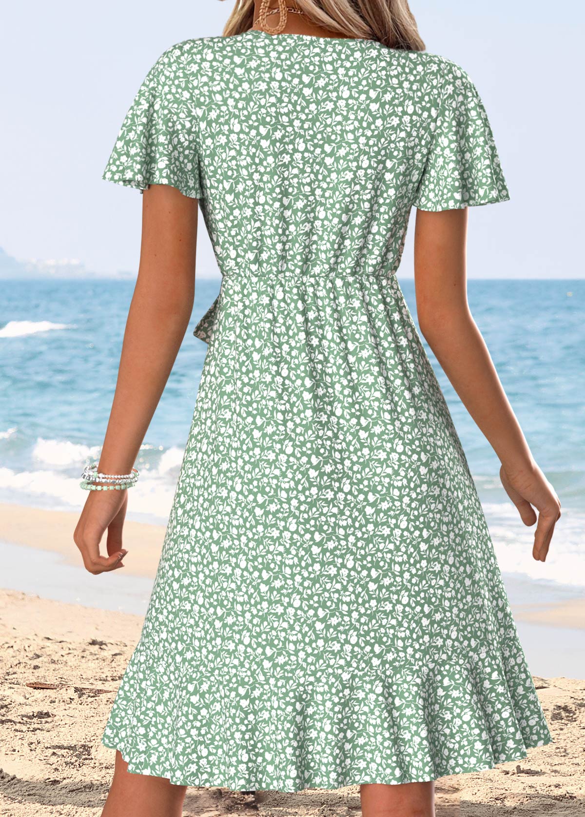 Sage Green Ditsy Floral Print Short Shirred Dress | picture 
