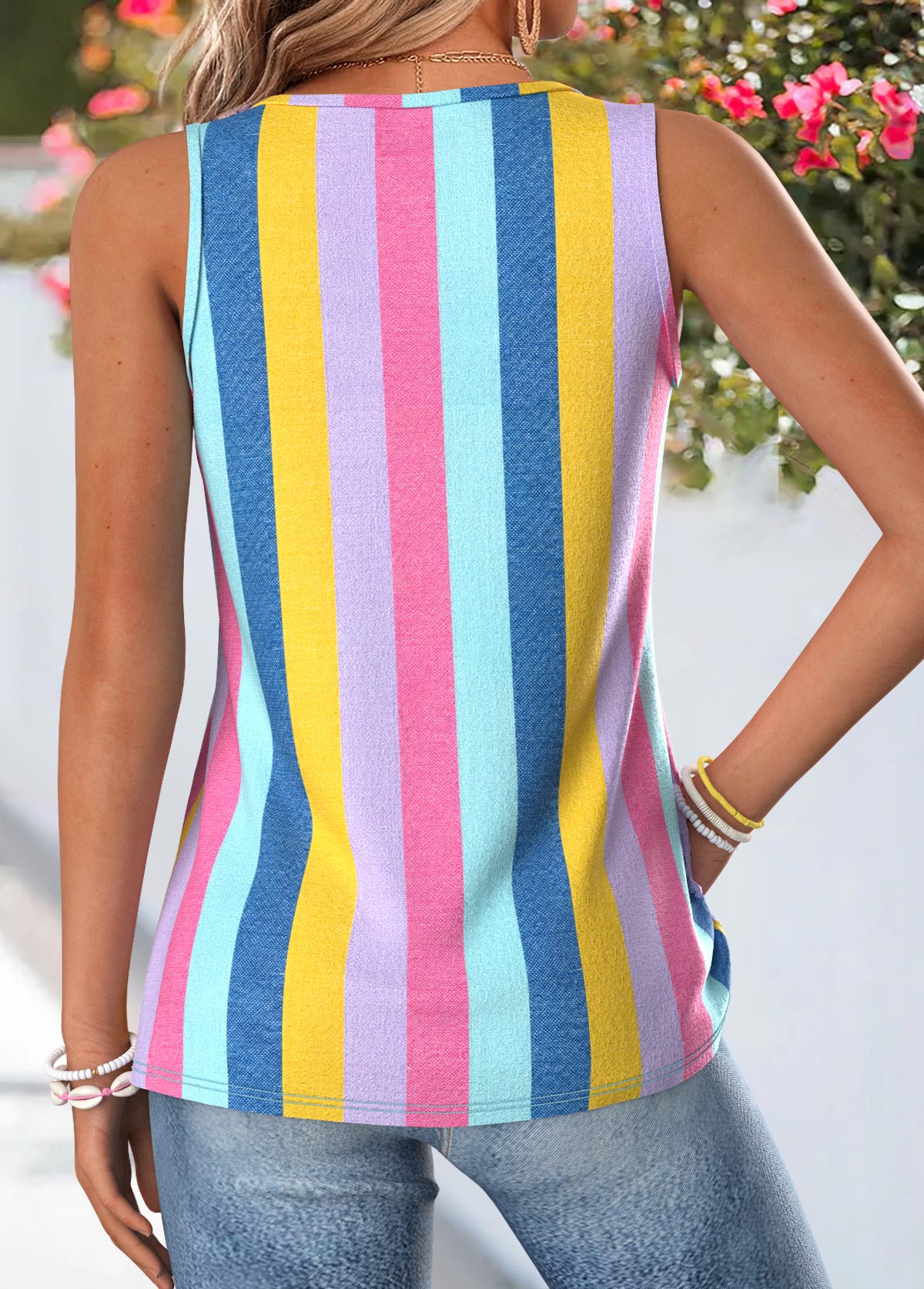 Multi Color Patchwork Sleeveless V Neck Tank Top | picture 