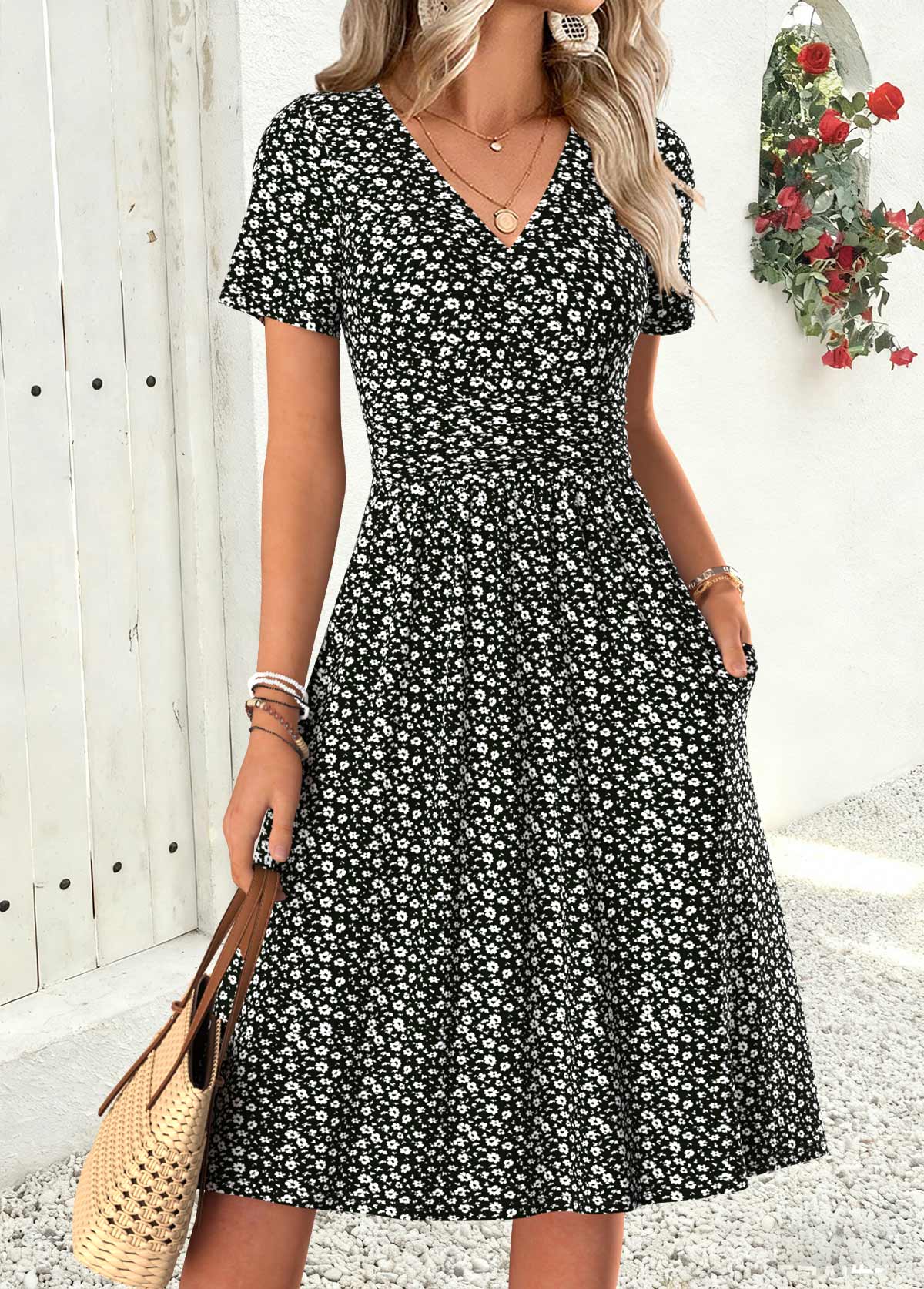 Black Ditsy Floral Print Shirred Short Sleeve Dress | picture 