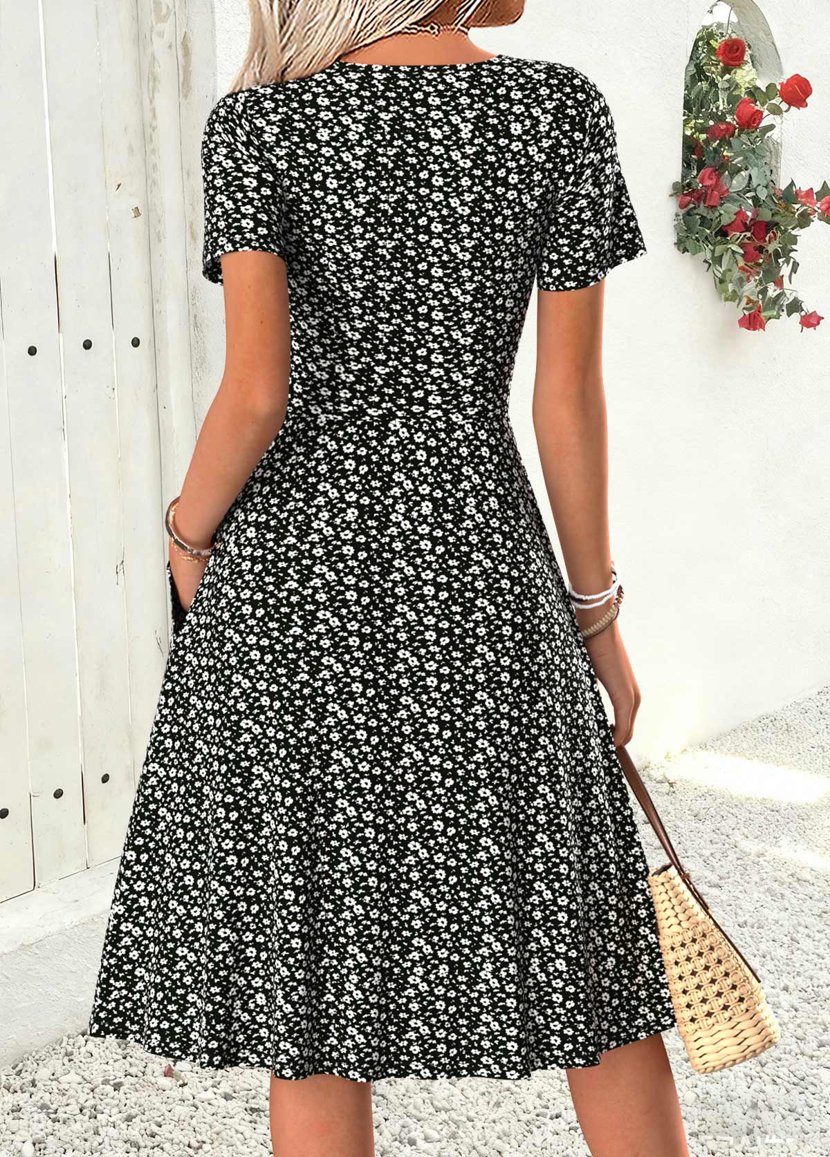 Black Ditsy Floral Print Shirred Short Sleeve Dress | picture 