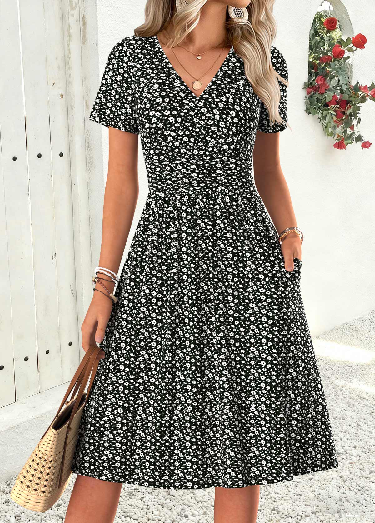 Black Ditsy Floral Print Shirred Short Sleeve Dress | picture 