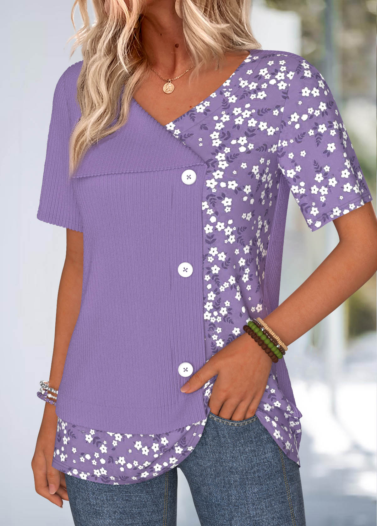Purple Ditsy Floral Print Fake 2in1 T Shirt | picture 