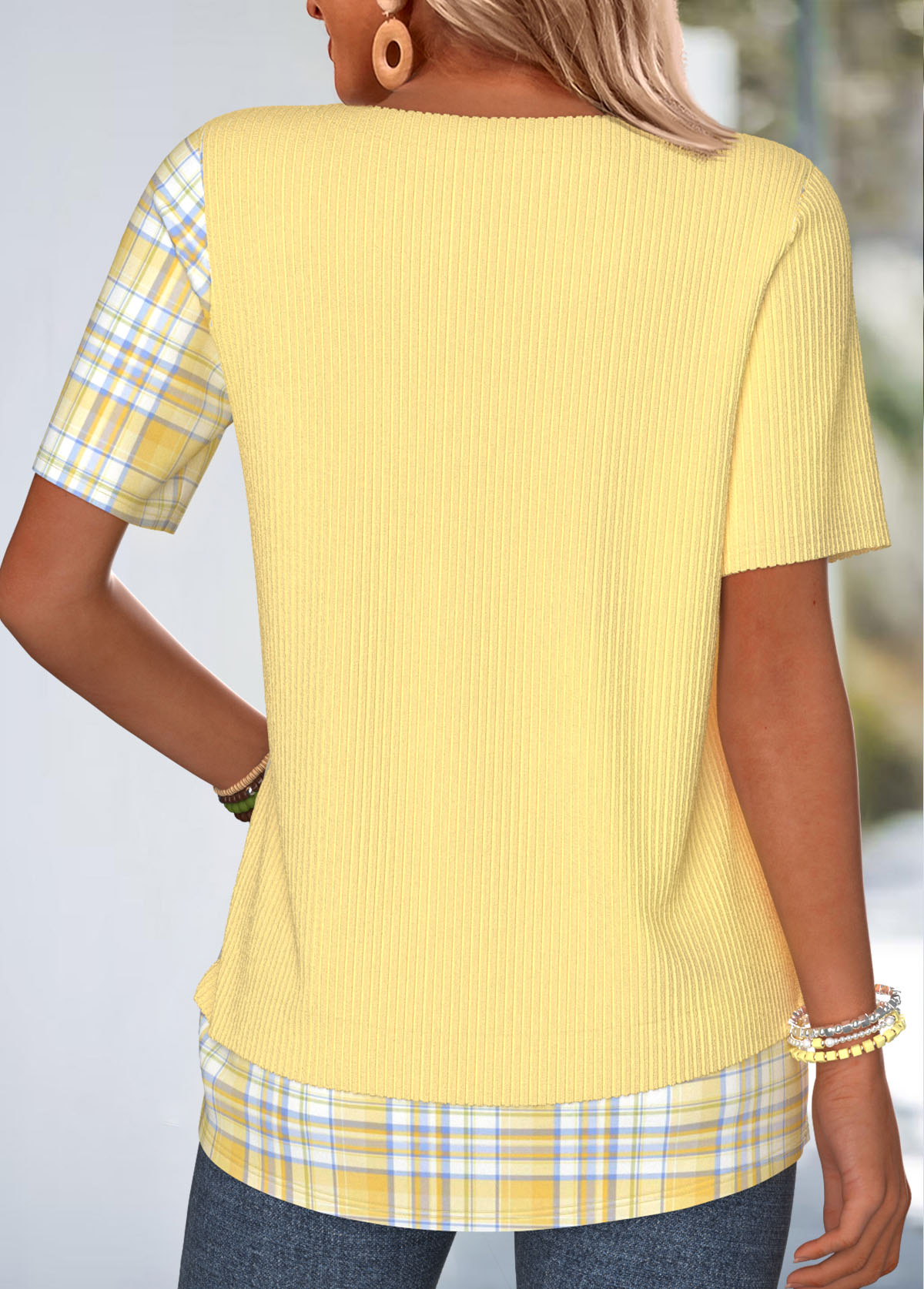 Yellow Plaid Fake 2in1 Short Sleeve T Shirt | picture 