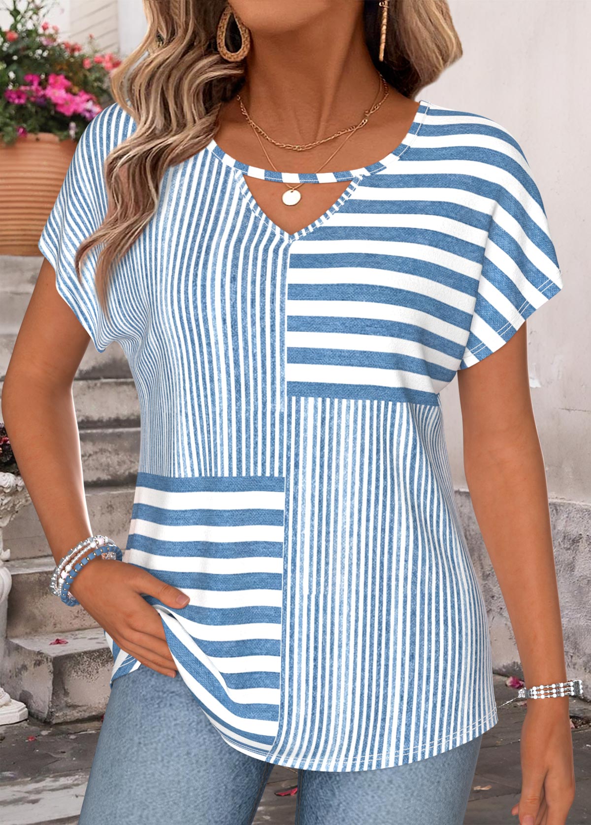 Blue Striped Cut Out Short Sleeve T Shirt | picture 
