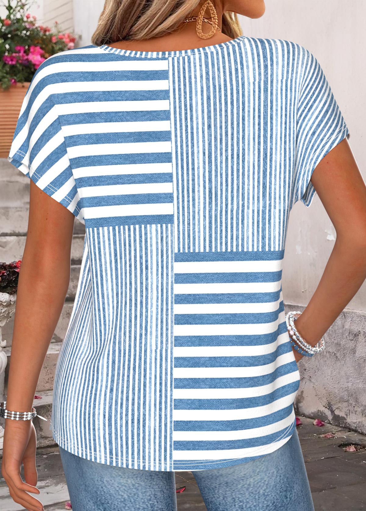 Blue Striped Cut Out Short Sleeve T Shirt | picture 