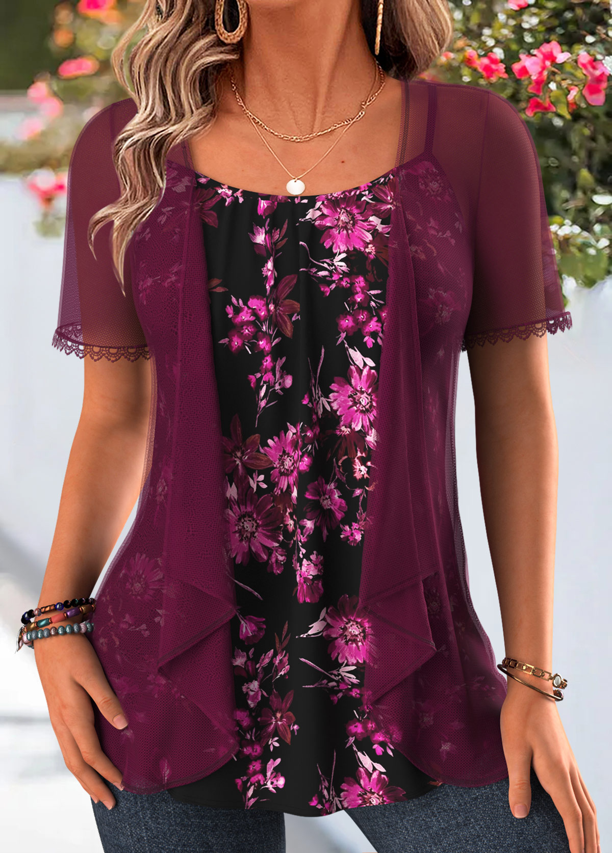 Purple Floral Print Two-piece Cardigan and Tank Top | picture 