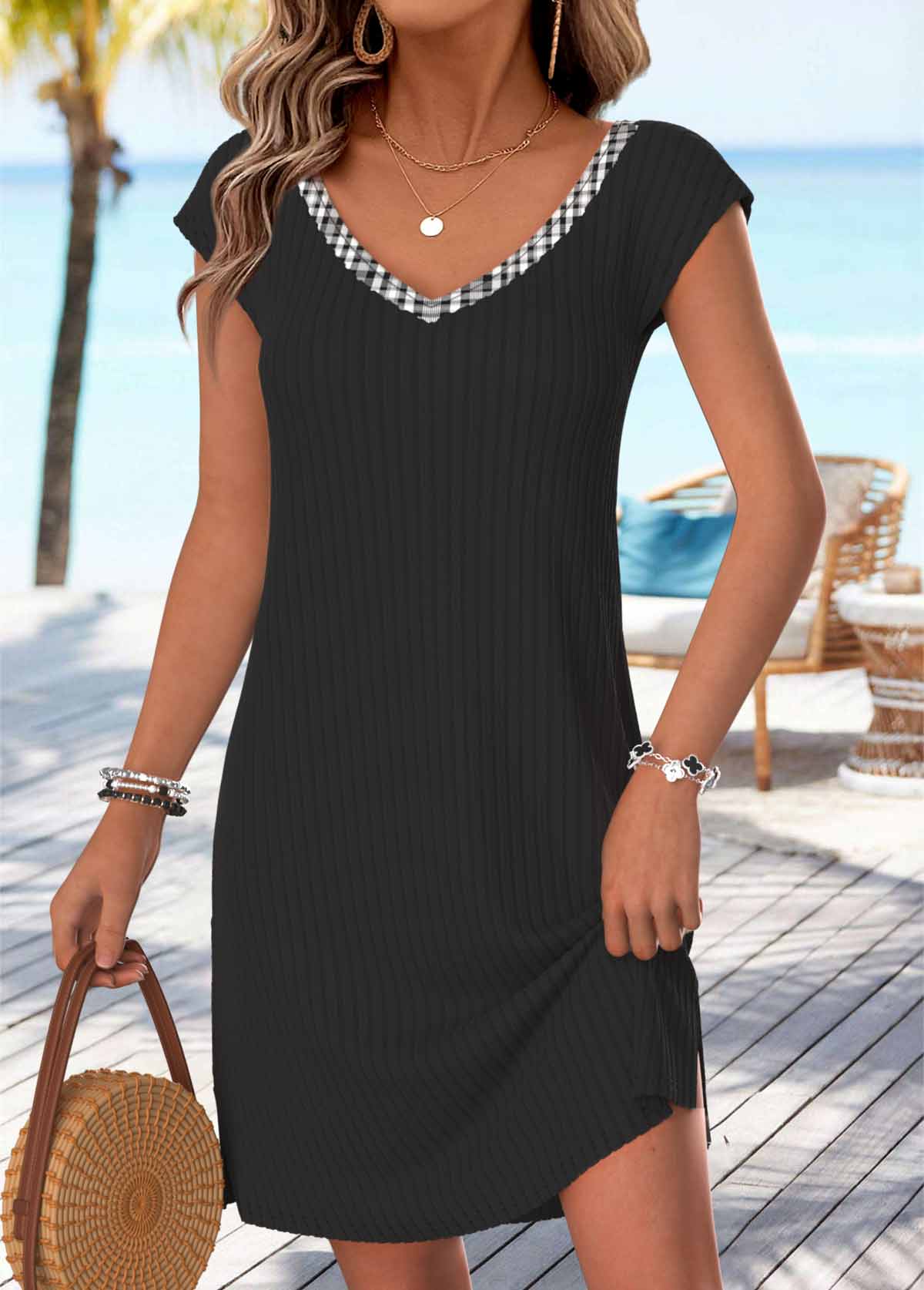 Black Plaid Short Bowknot V Neck Dress | picture 