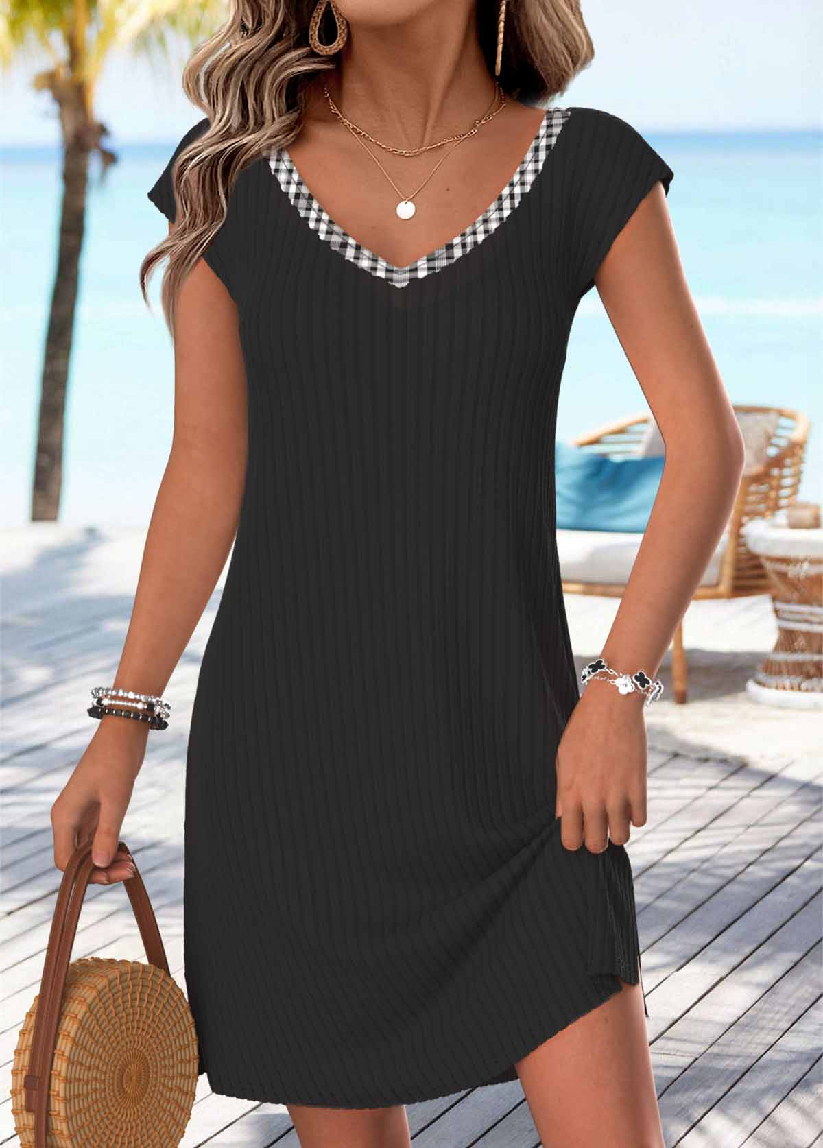 Black Plaid Short Bowknot V Neck Dress | picture 