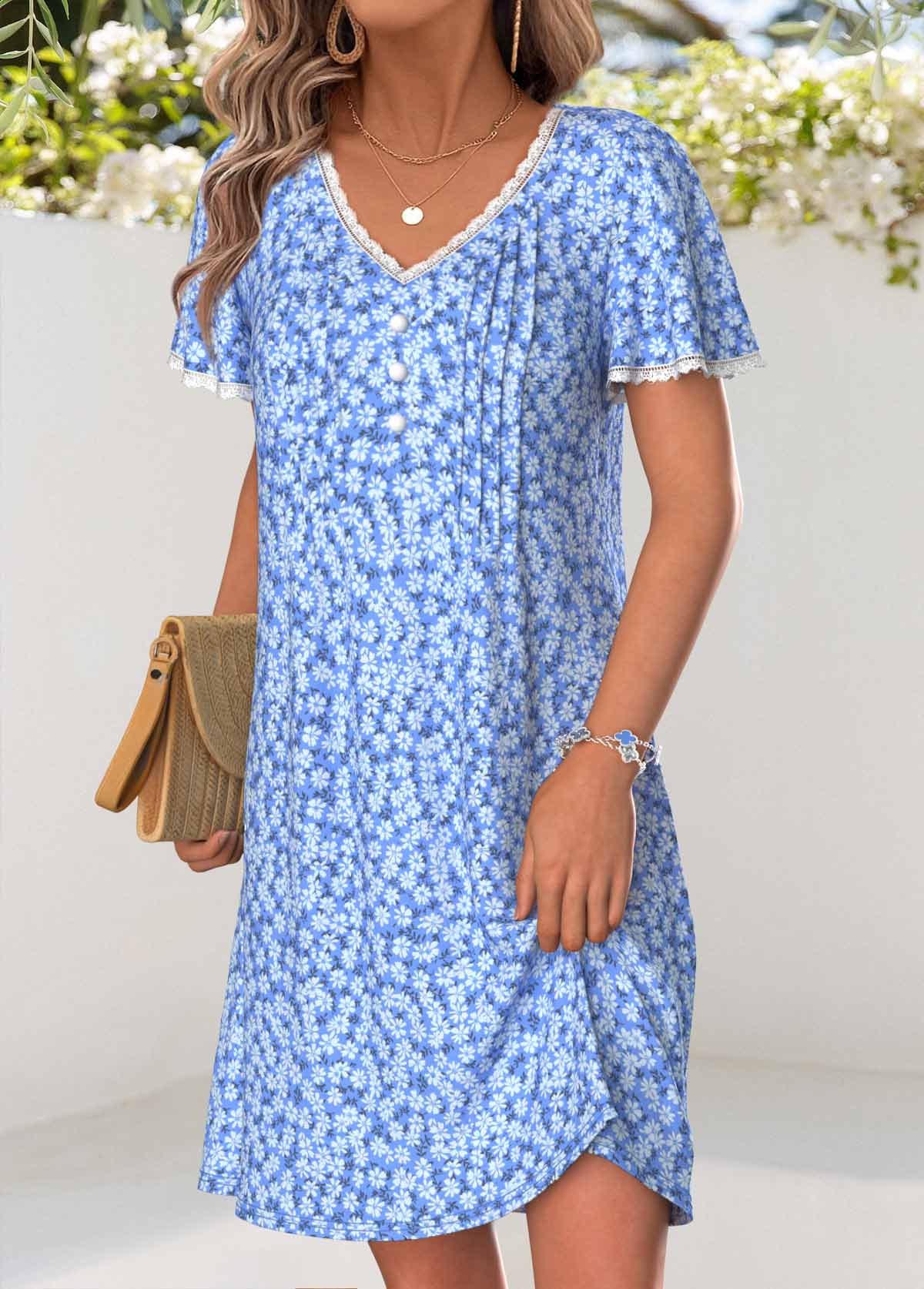 Blue Ditsy Floral Print Short Tuck Stitch Dress | picture 