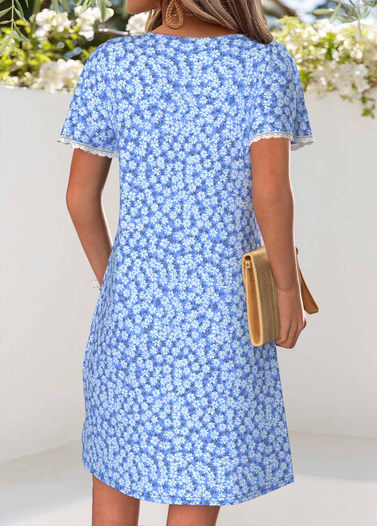 Blue Ditsy Floral Print Short Tuck Stitch Dress | picture 