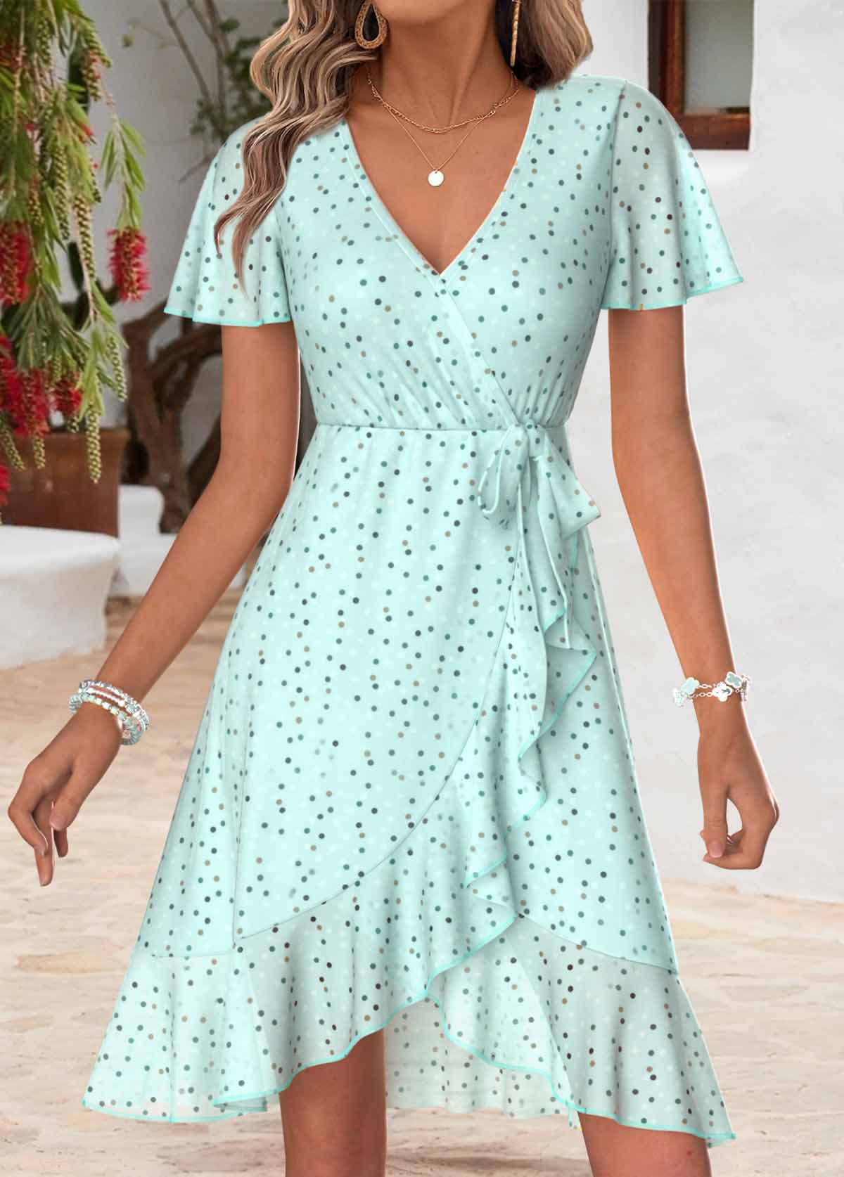Light Green Polka Dot Short Layered V Neck Dress | picture 
