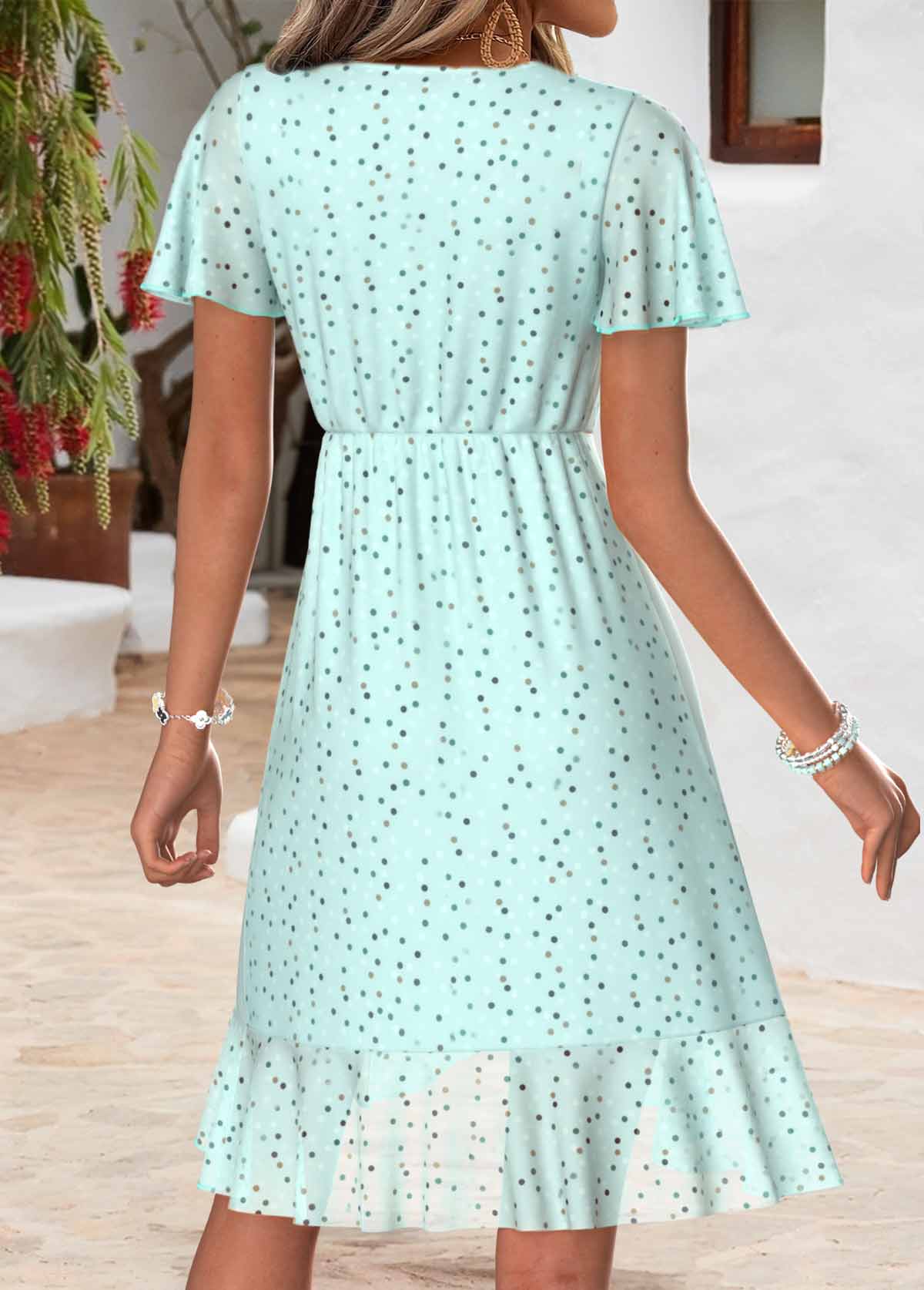 Light Green Polka Dot Short Layered V Neck Dress | picture 