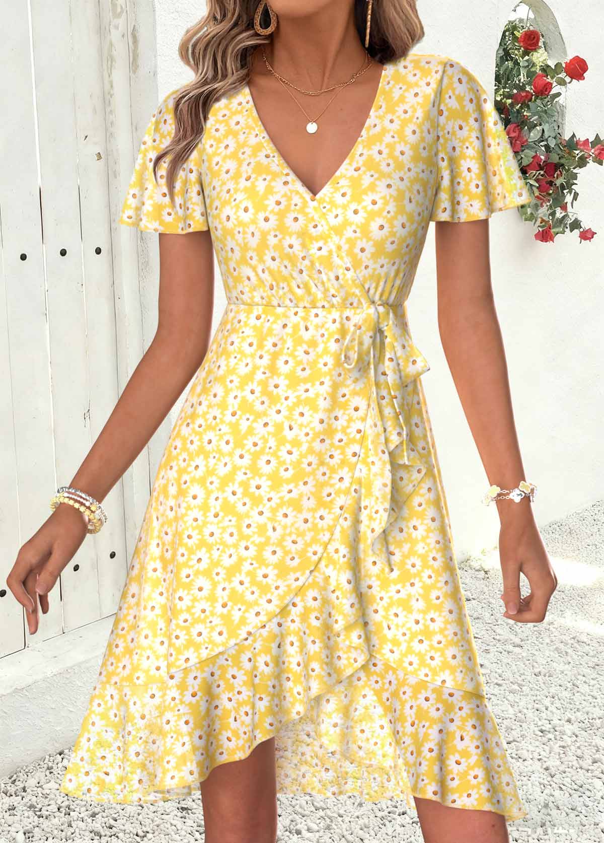 Light Yellow Floral Print Short Layered V Neck Dress | picture 