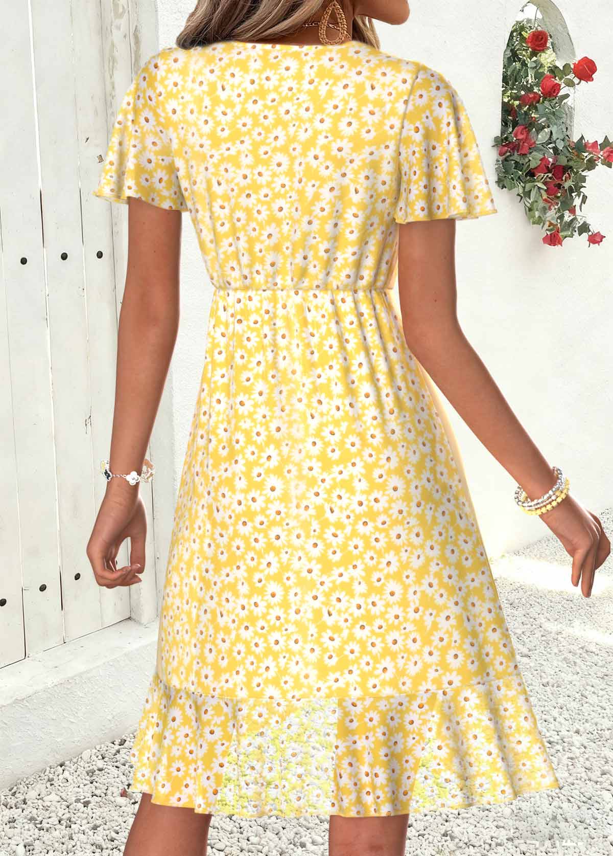 Light Yellow Floral Print Short Layered V Neck Dress | picture 