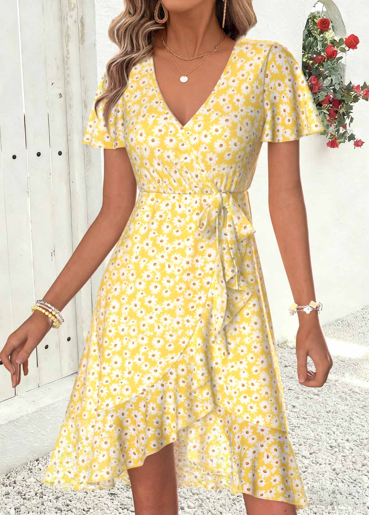 Light Yellow Floral Print Short Layered V Neck Dress | picture 