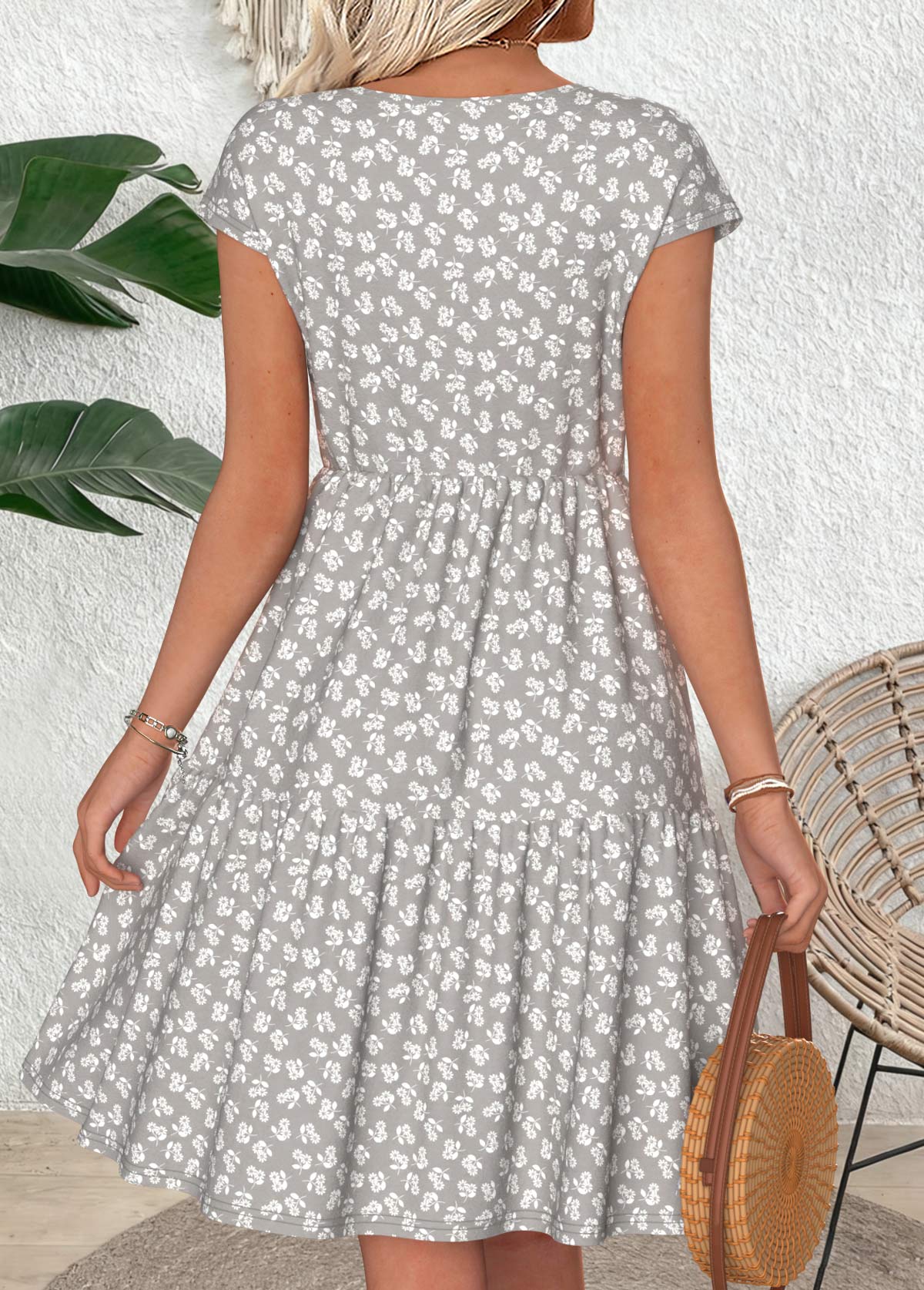Light Grey Ditsy Floral Print Shirred Short Sleeve Dress | picture 
