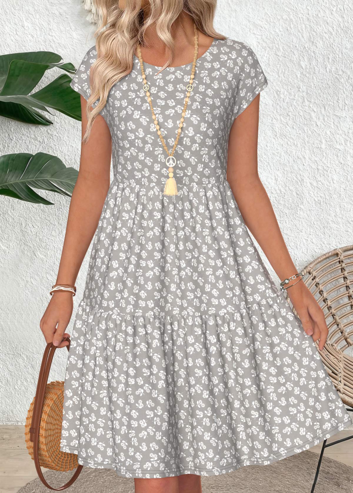 Light Grey Ditsy Floral Print Shirred Short Sleeve Dress | picture 