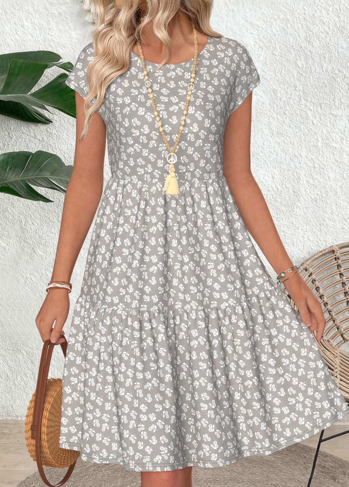 Light Grey Ditsy Floral Print Shirred Short Sleeve Dress | picture 