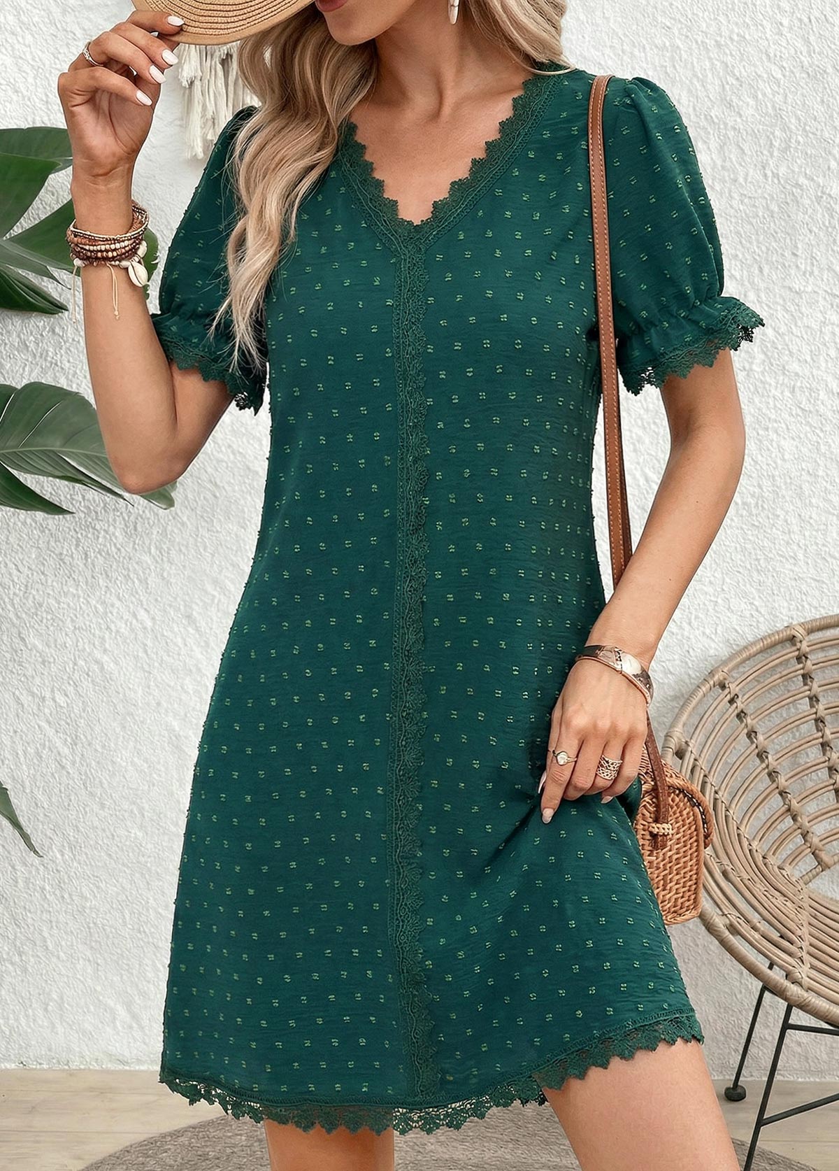 Turquoise Short Scalloped Hem V Neck Dress | picture 