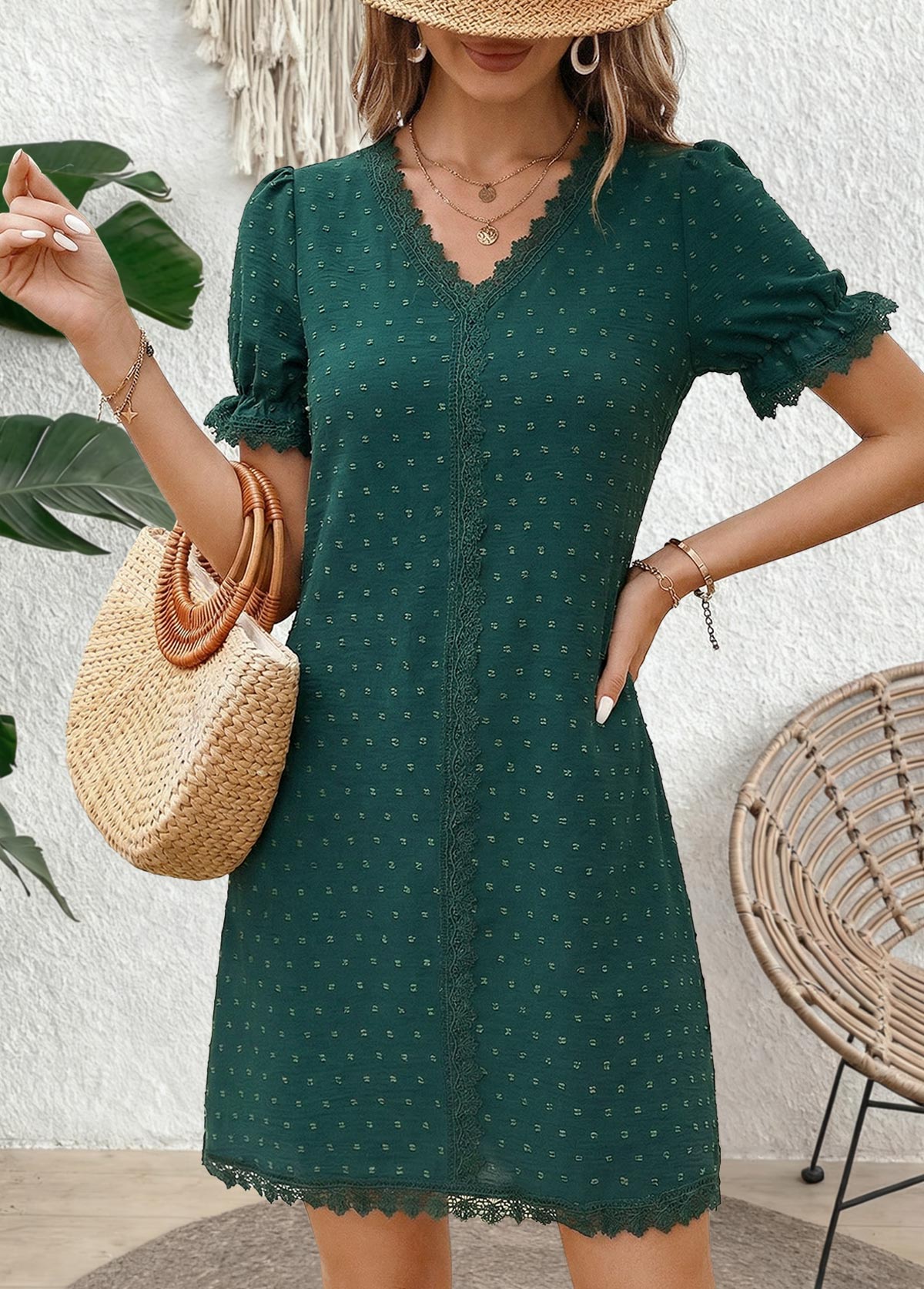 Turquoise Short Scalloped Hem V Neck Dress | picture 