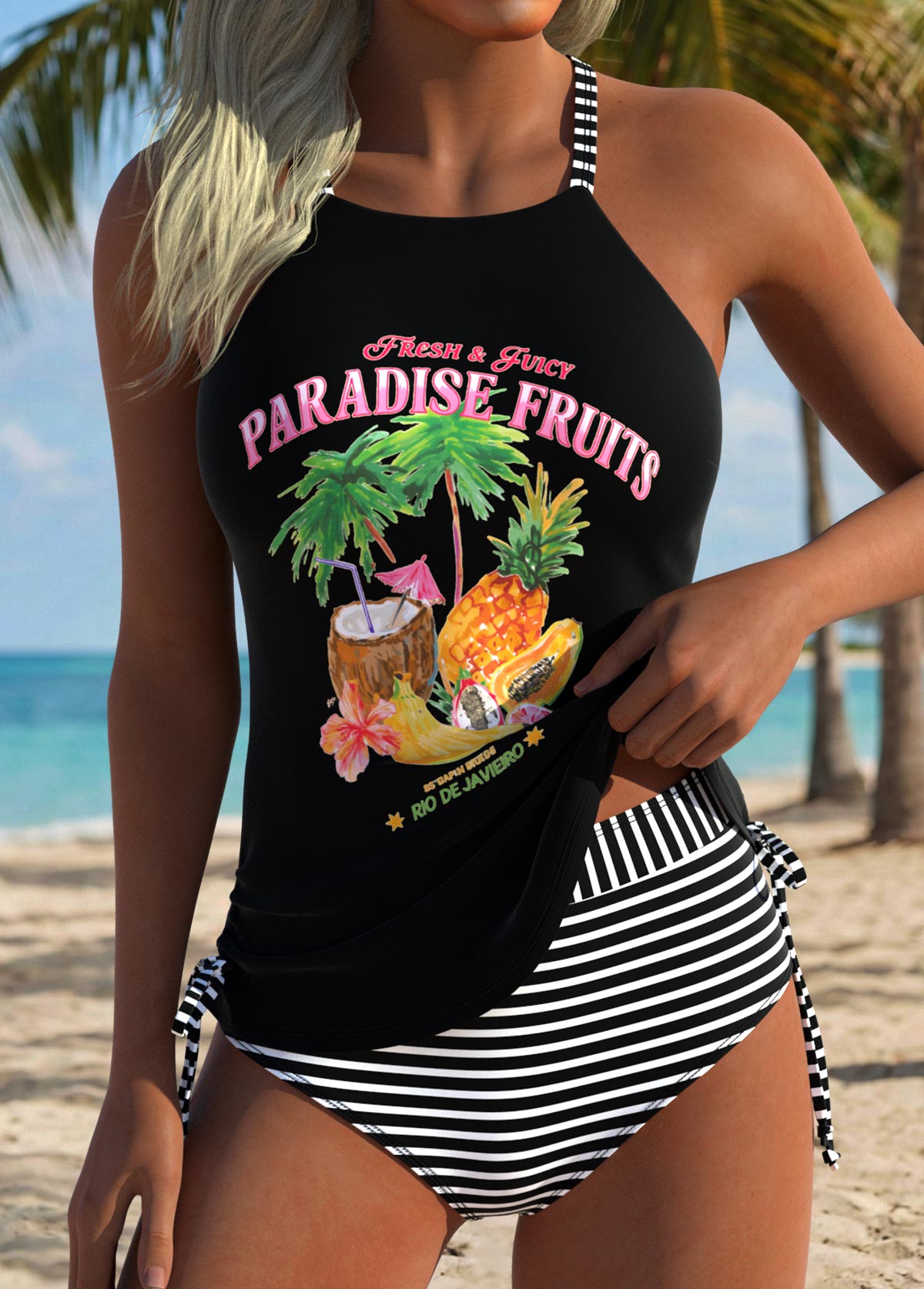 Black Mid Waisted Tropical Plants Print Tankini Set | picture 