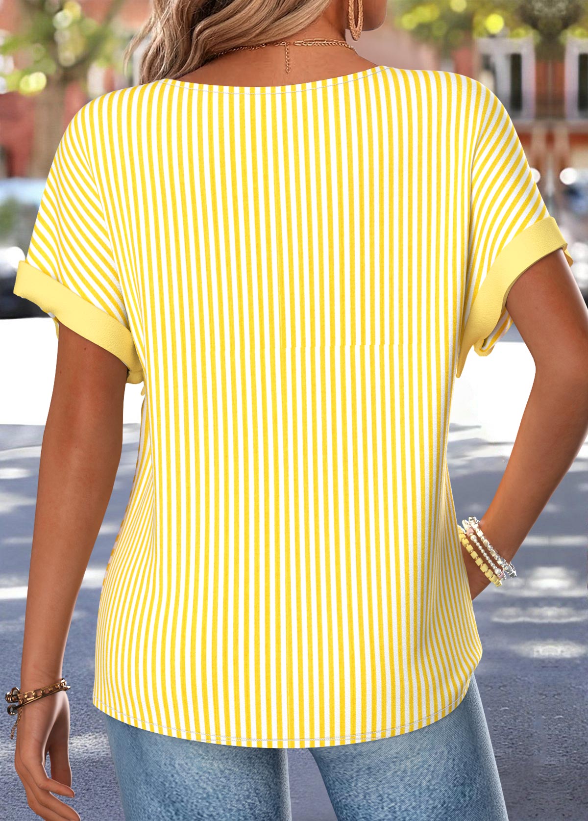 Yellow Striped Button Short Sleeve Boat Neck T Shirt | picture 