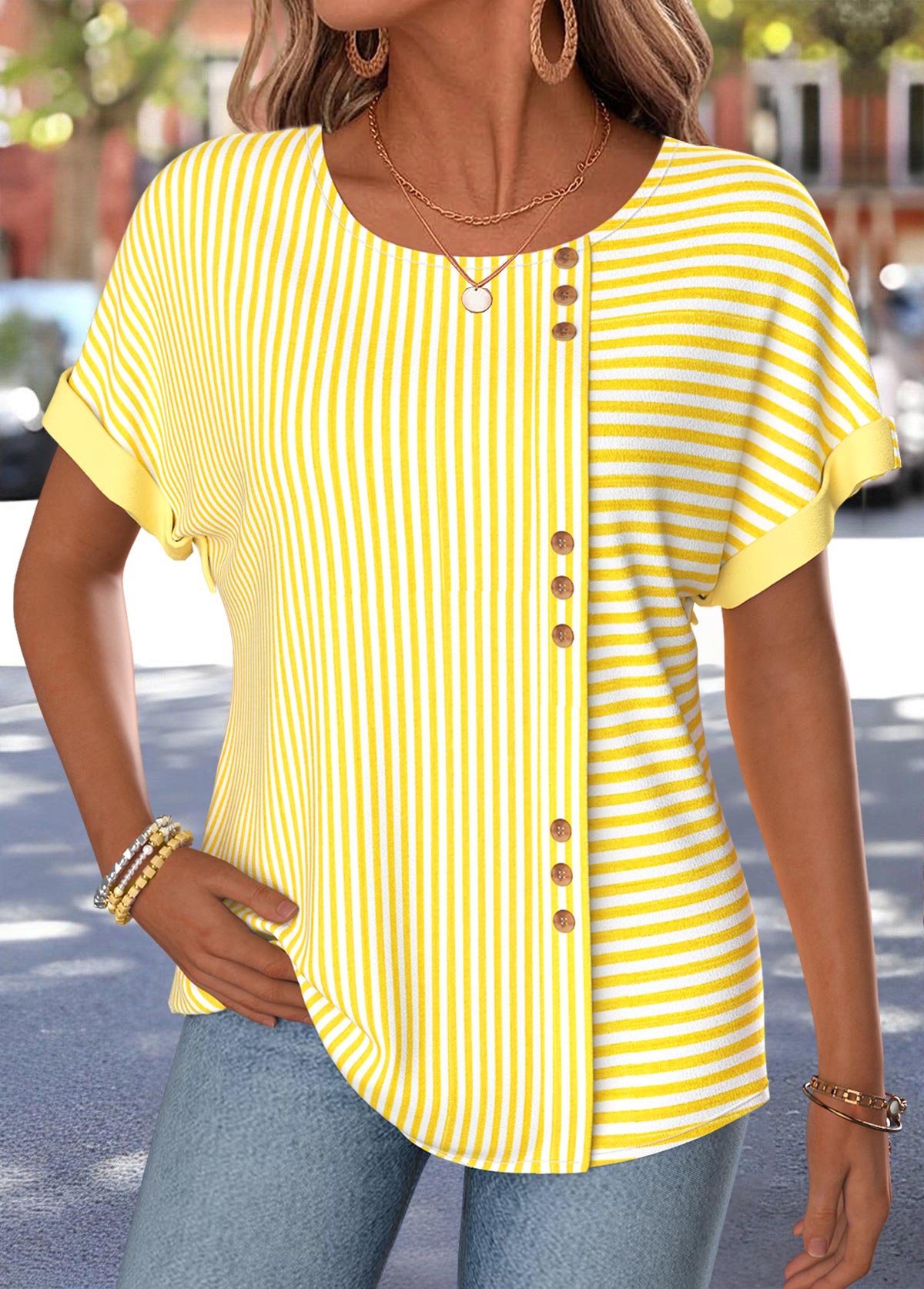 Yellow Striped Button Short Sleeve Boat Neck T Shirt | picture 