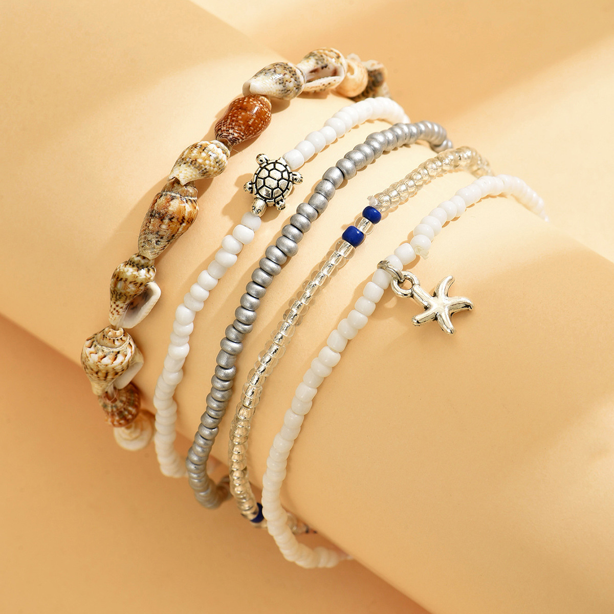 Golden Round Starfish Alloy Beaded Anklets | picture 