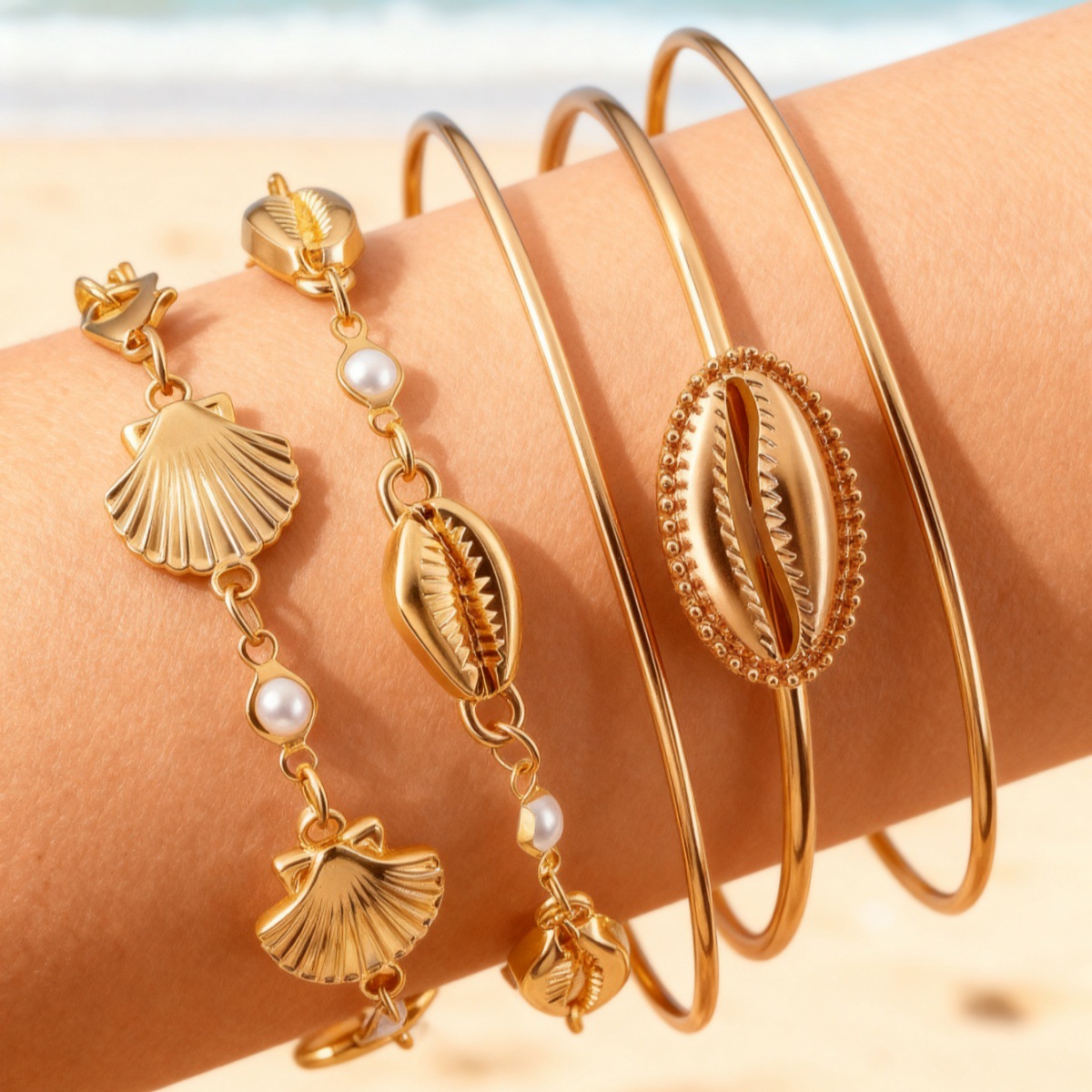 Golden Color Shell Iron Detail Bangles | picture 