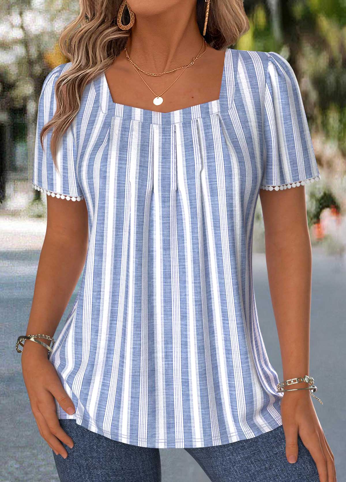 Blue Striped Pleated Short Sleeve Square Neck T Shirt | picture 