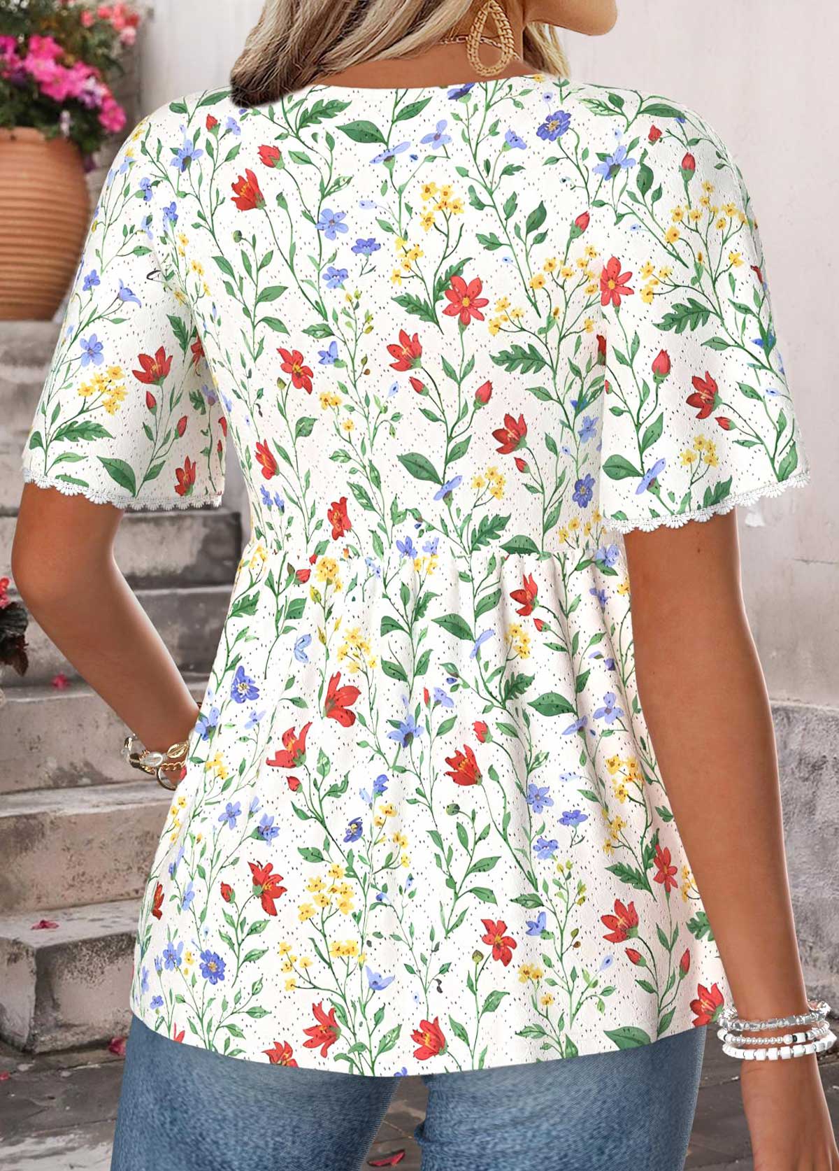 Multi Color Floral Print Patchwork Short Sleeve T Shirt | picture 