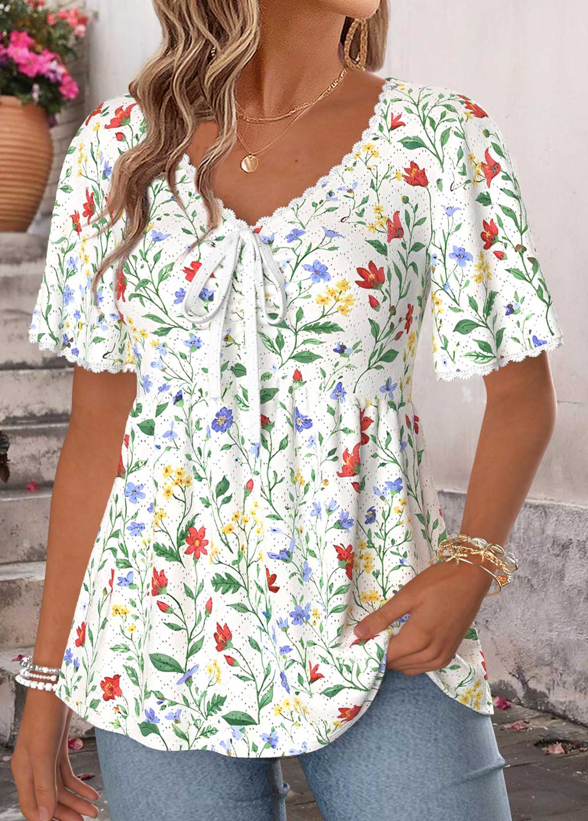 Multi Color Floral Print Patchwork Short Sleeve T Shirt | picture 