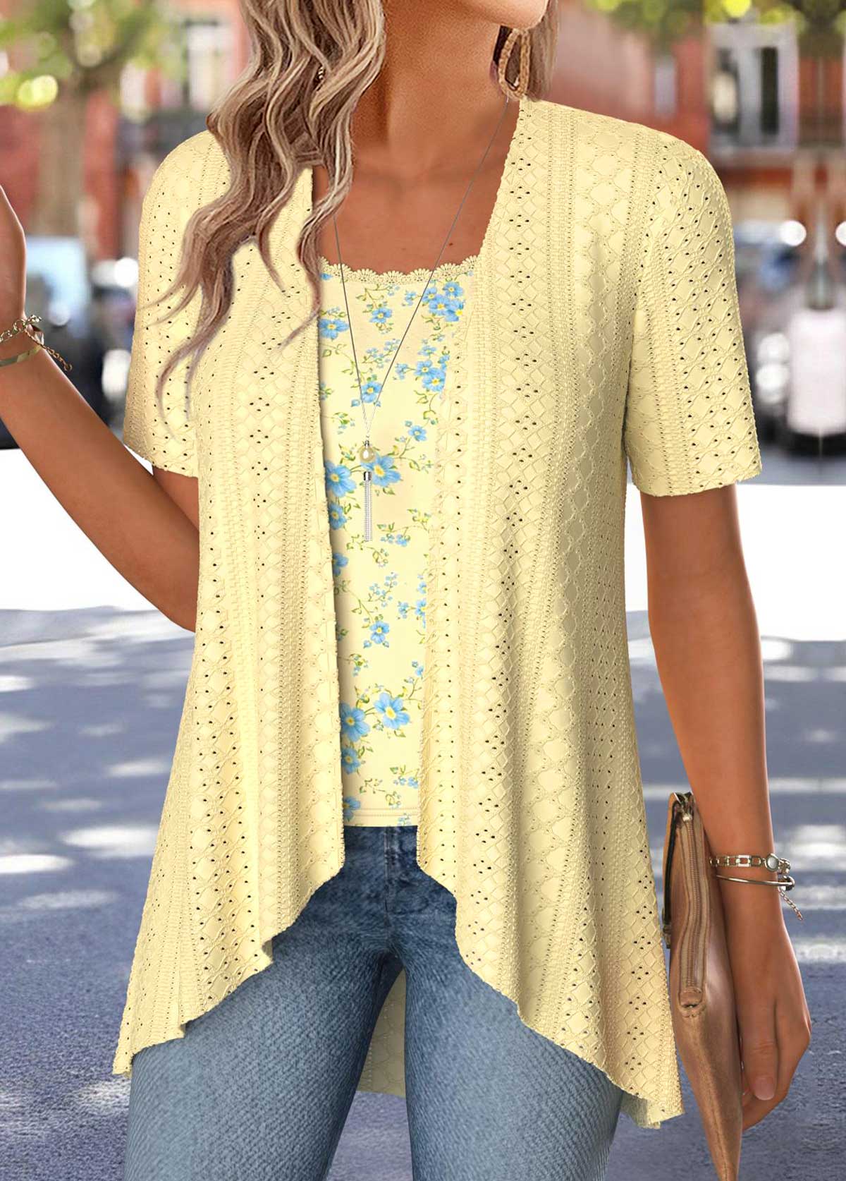 Yellow Floral Print Short Sleeve Fake Two Piece Twinset | picture 