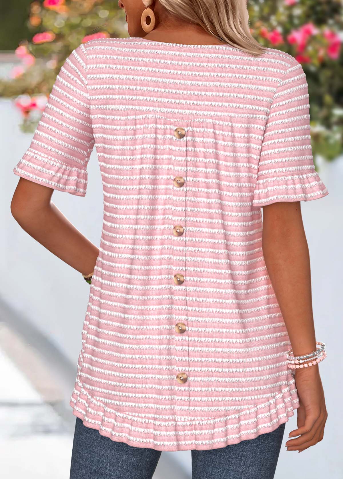 Pink Striped Frill Short Sleeve Round Neck T Shirt | picture 
