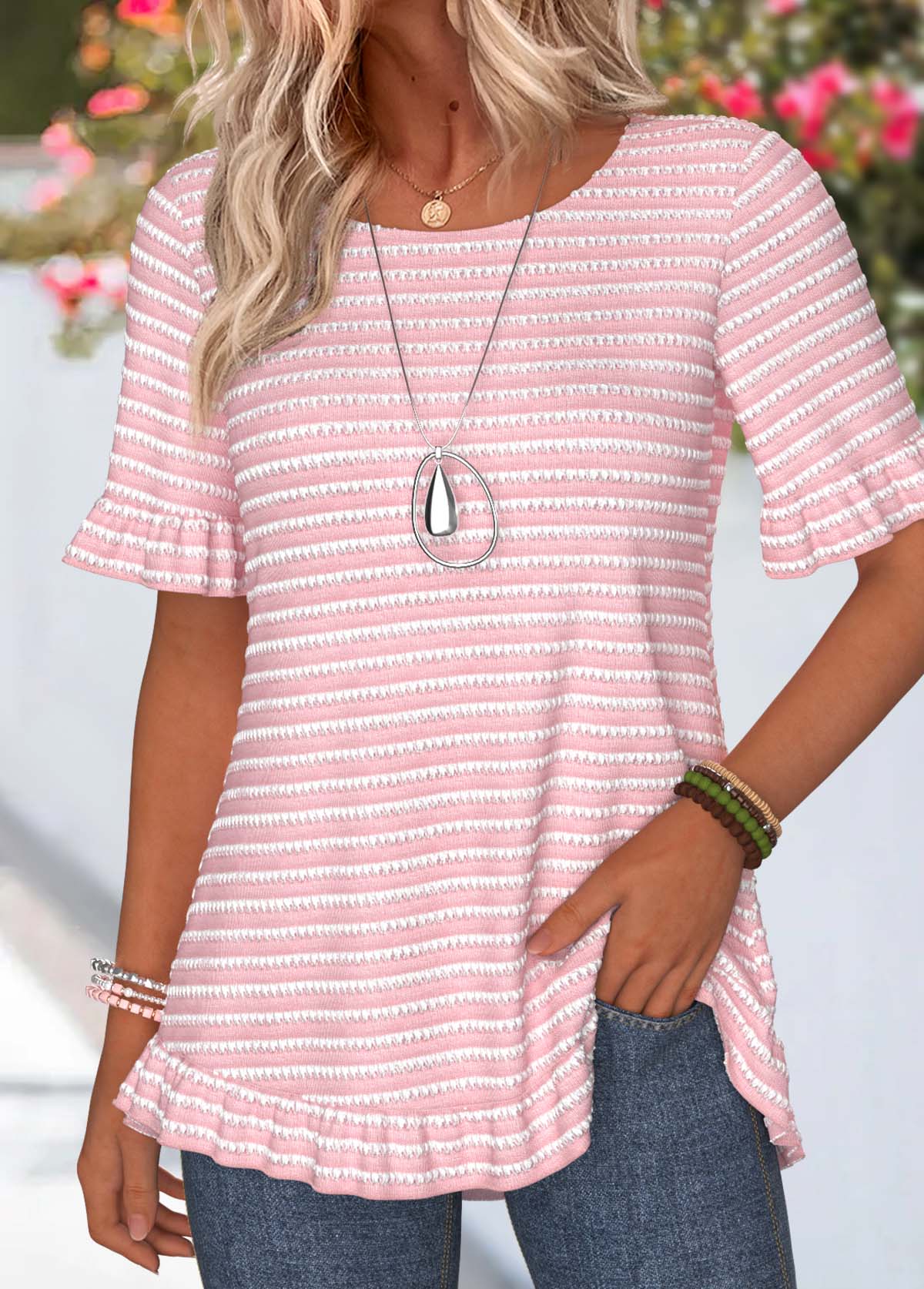Pink Striped Frill Short Sleeve Round Neck T Shirt | picture 