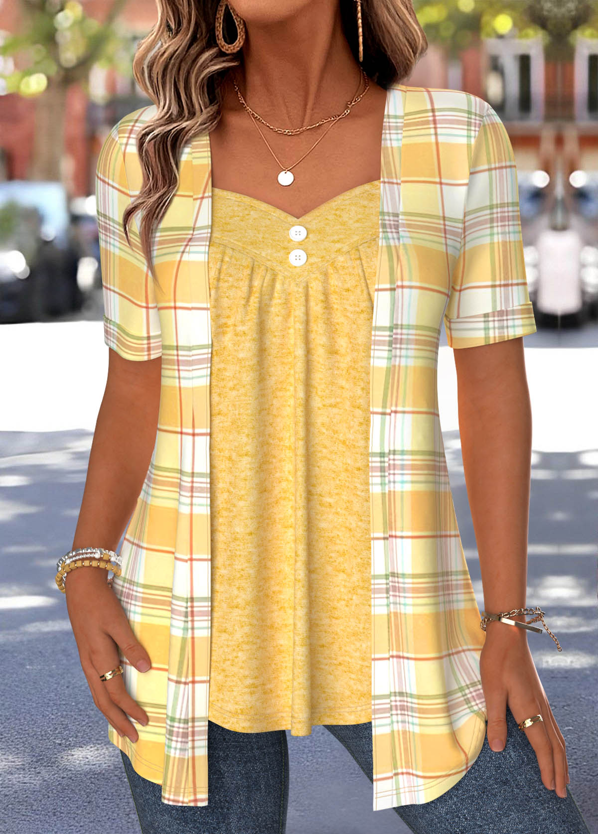 Yellow Plaid Curved Hem Fake Two Piece Twinset | picture 