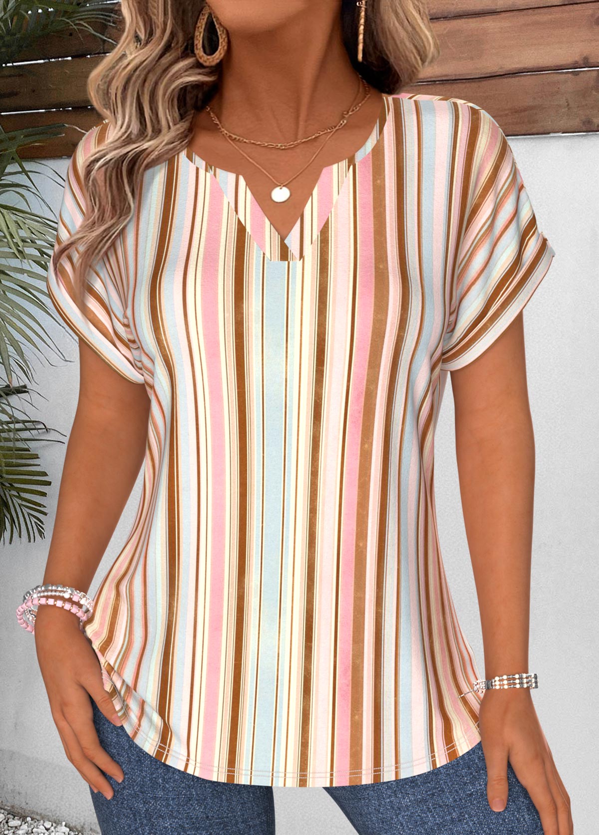 Multi Color Striped Tummy Coverage Short Sleeve T Shirt | picture 