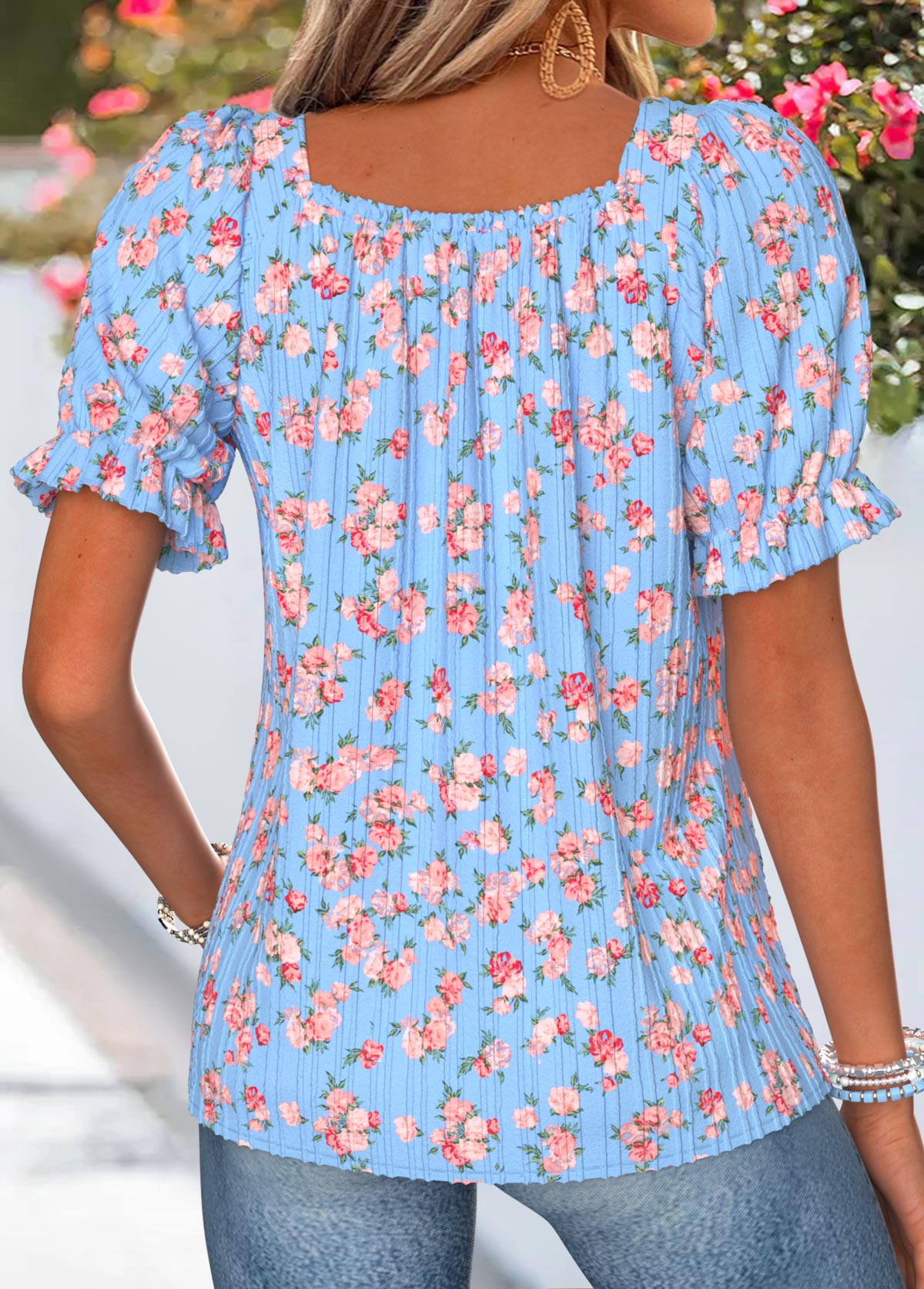 Light Blue Ditsy Floral Print Smocked Short Sleeve Blouse | picture 